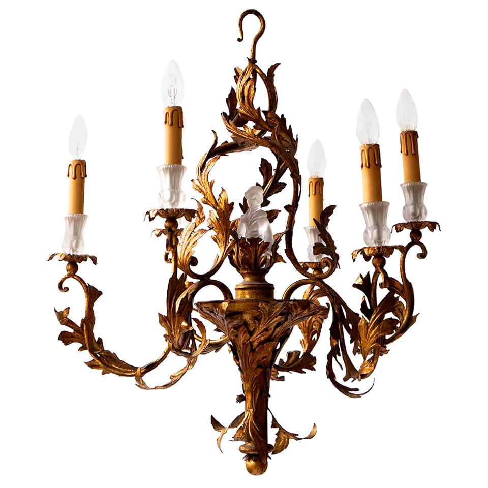 Gilt Wrought Iron Chandelier with Japanese Geisha in Crystal For Sale