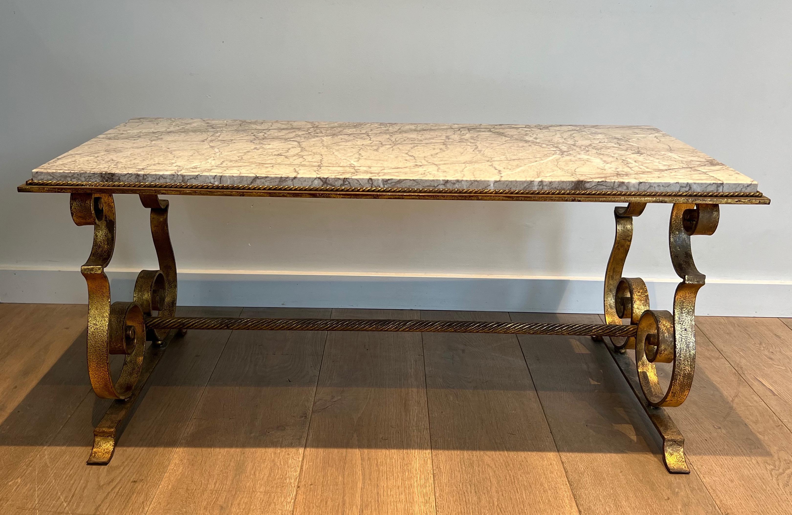 Gilt Wrought Iron Coffee Table with Marble Top For Sale 6