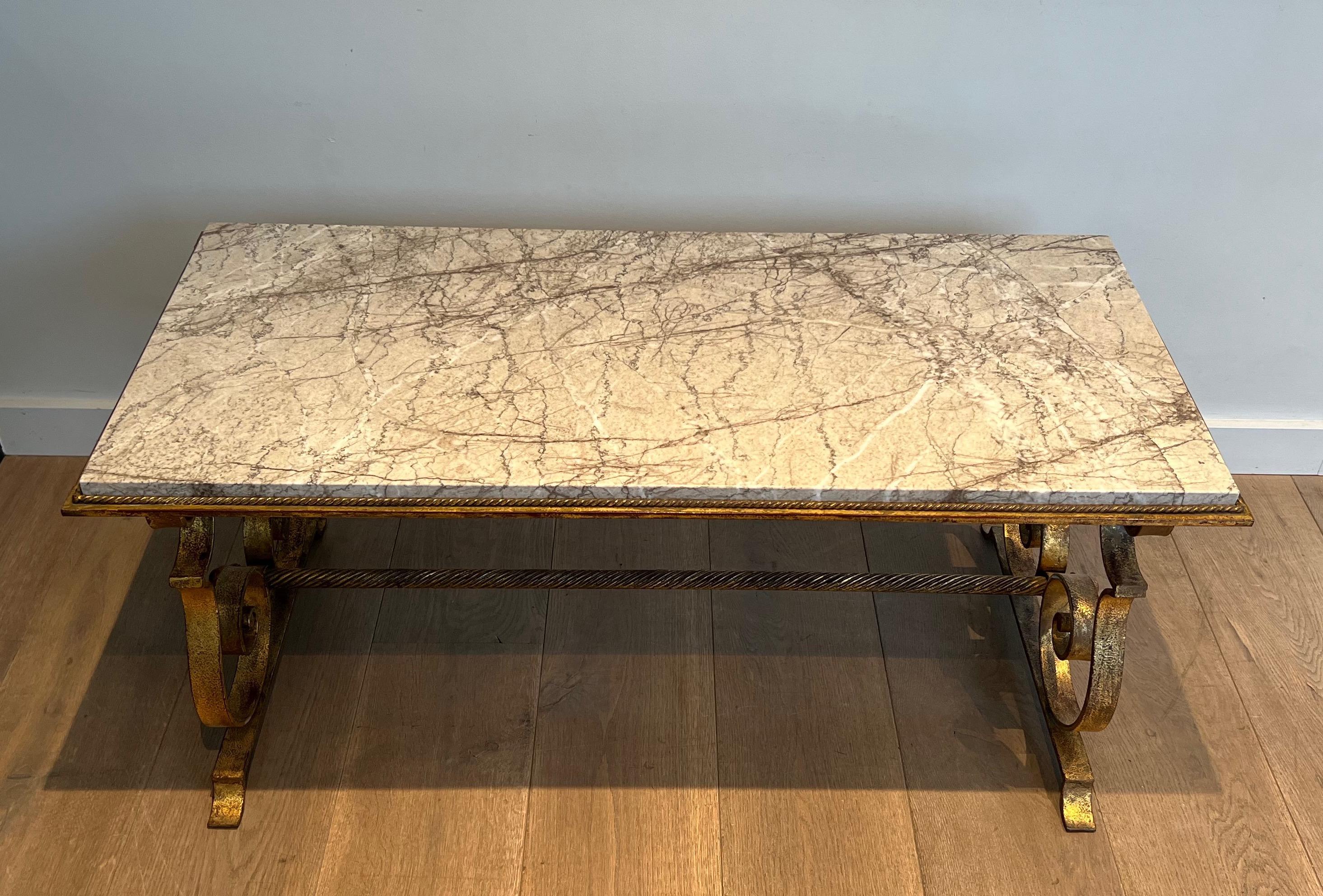 Gilt Wrought Iron Coffee Table with Marble Top For Sale 12