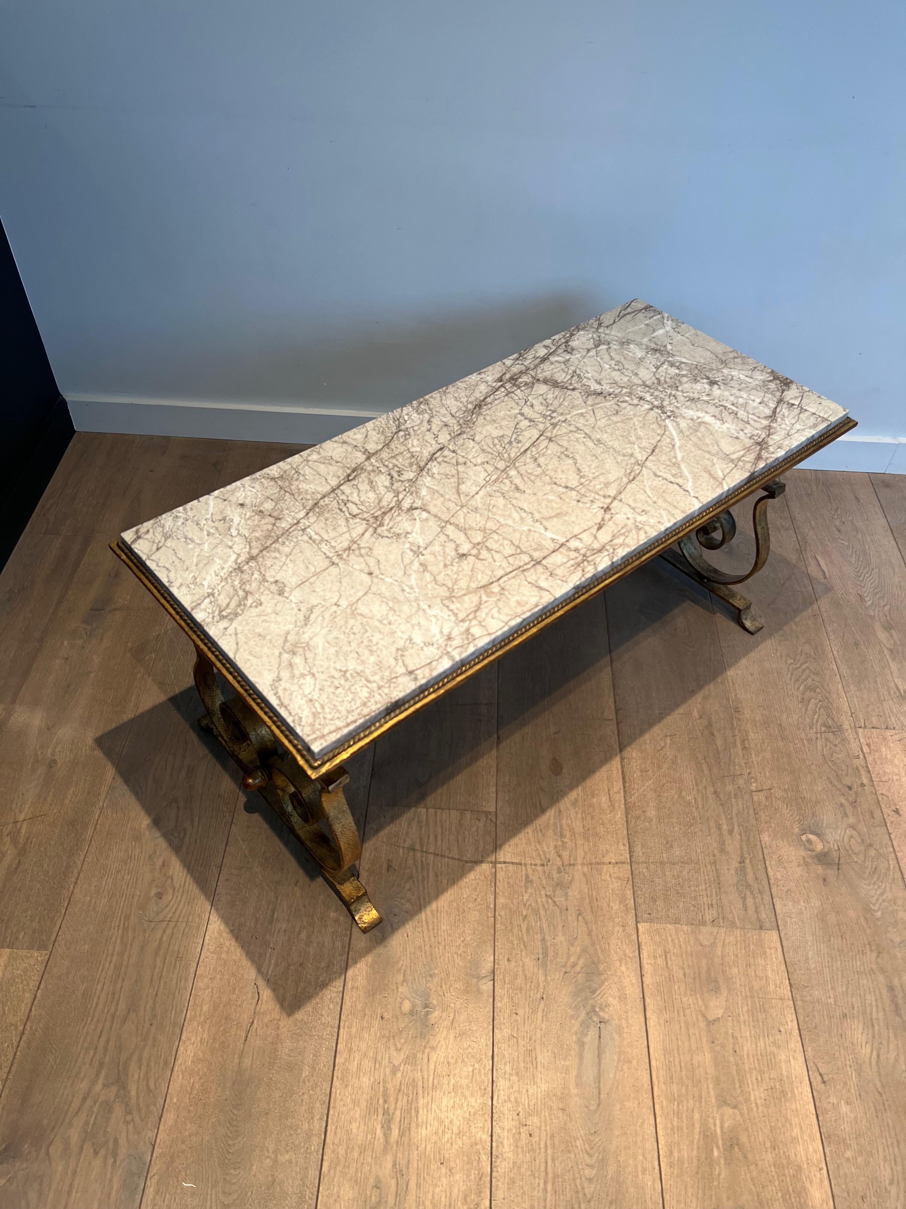 Gilt Wrought Iron Coffee Table with Marble Top For Sale 13