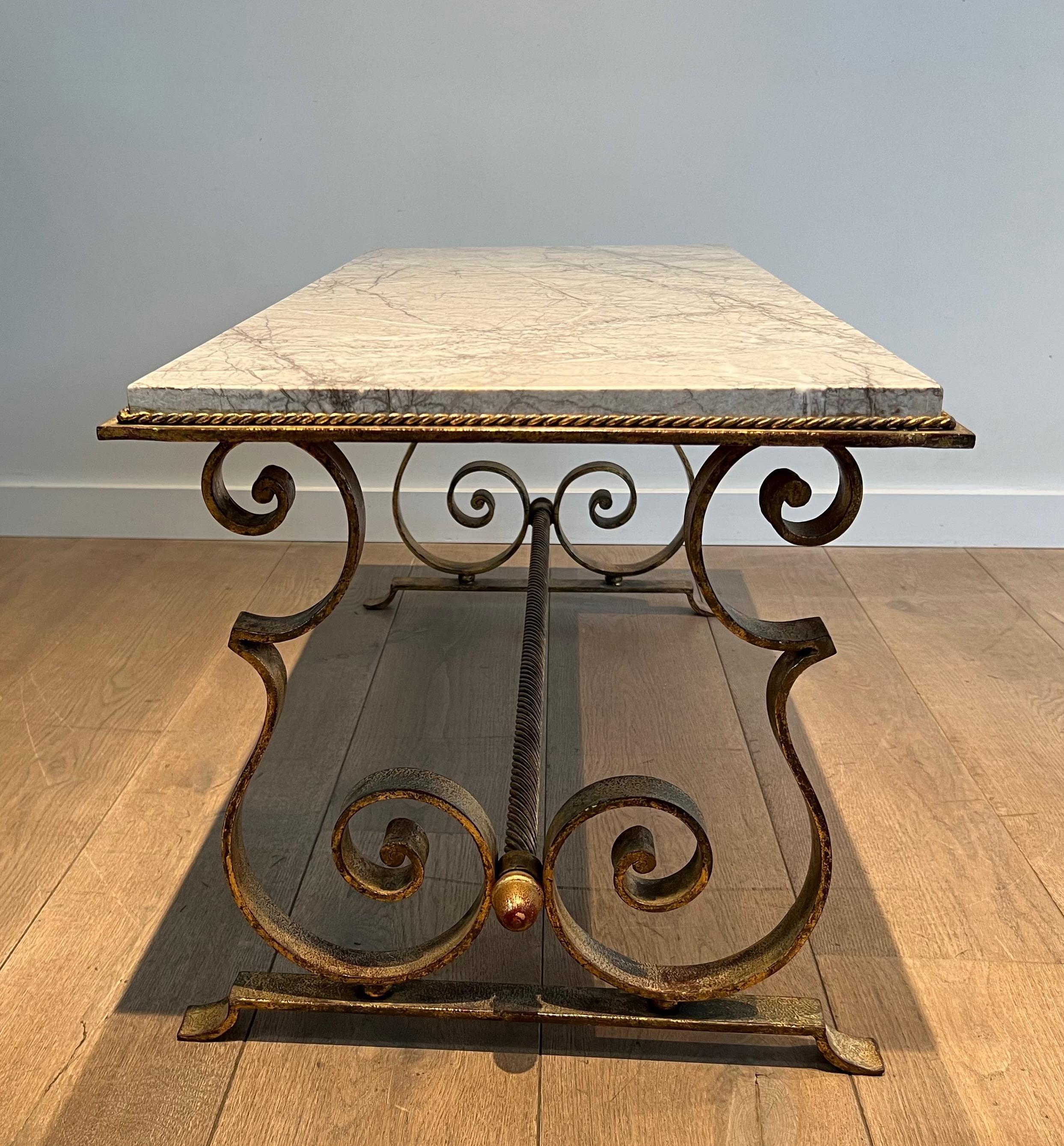 French Gilt Wrought Iron Coffee Table with Marble Top For Sale