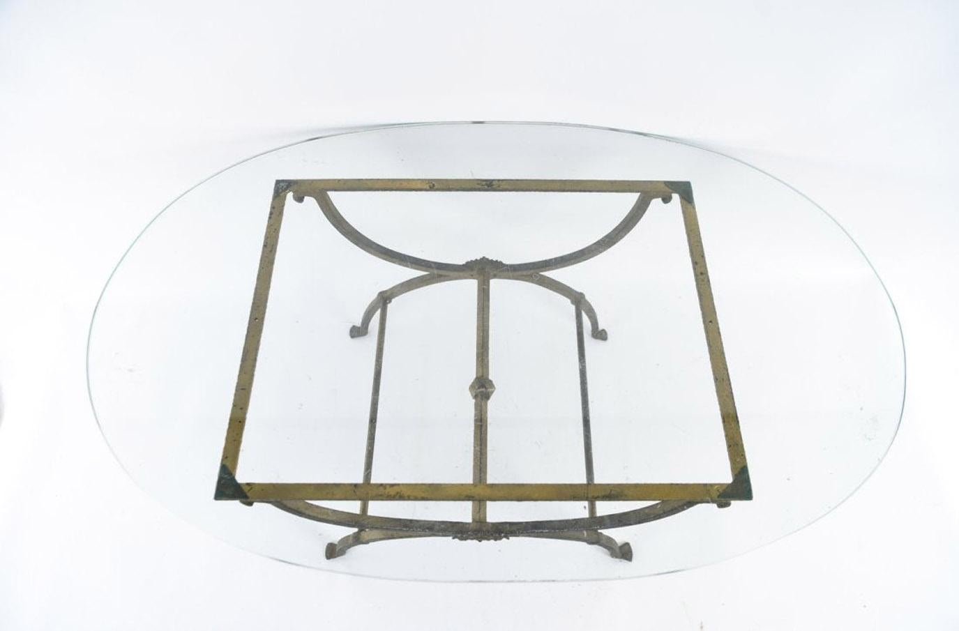 American Gilt Wrought Iron Coffee Table with Oval Glass Top