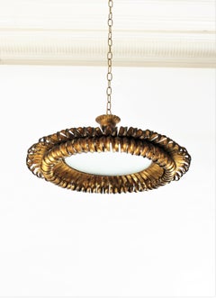 Gilt Wrought Iron Eyelash Sunburst Round Ceiling Light Fixture, France, 1950s