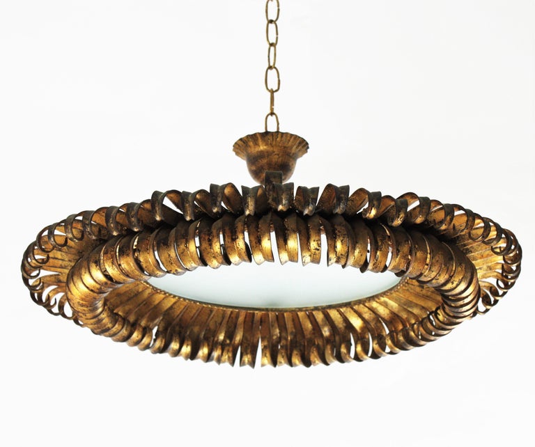 Gilt Wrought Iron Eyelash Sunburst Round Ceiling Light Fixture