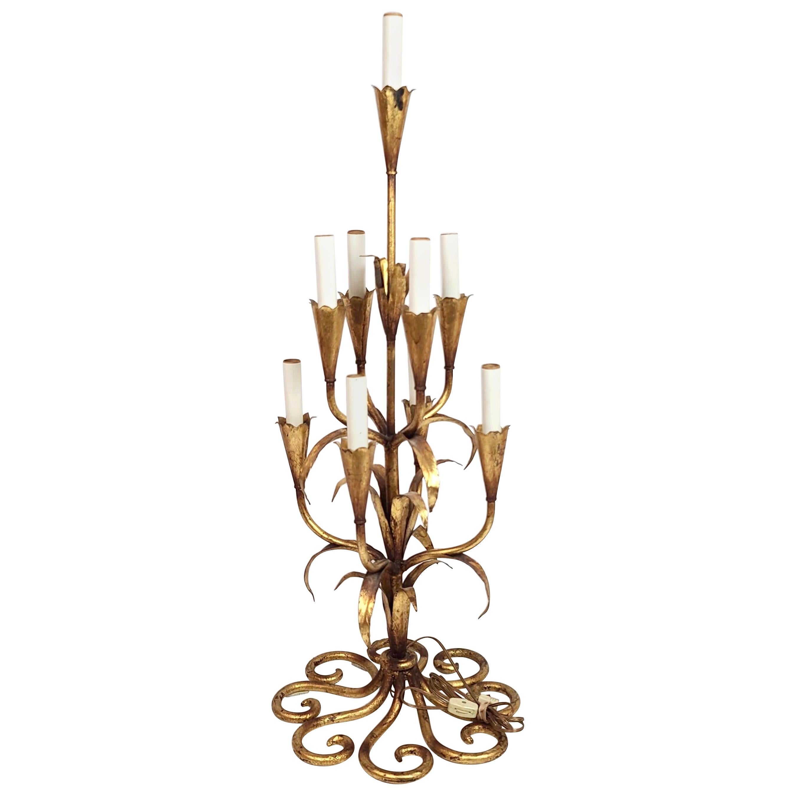 Gilt Wrought Iron Foliate Candelabra Table or Floor Lamp, Kögl Gilt, Regency For Sale