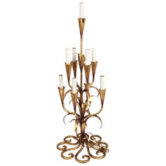 Vintage Gilt Wrought Iron Foliate Candelabra Table or Floor Lamp, Kögl Gilt, Regency