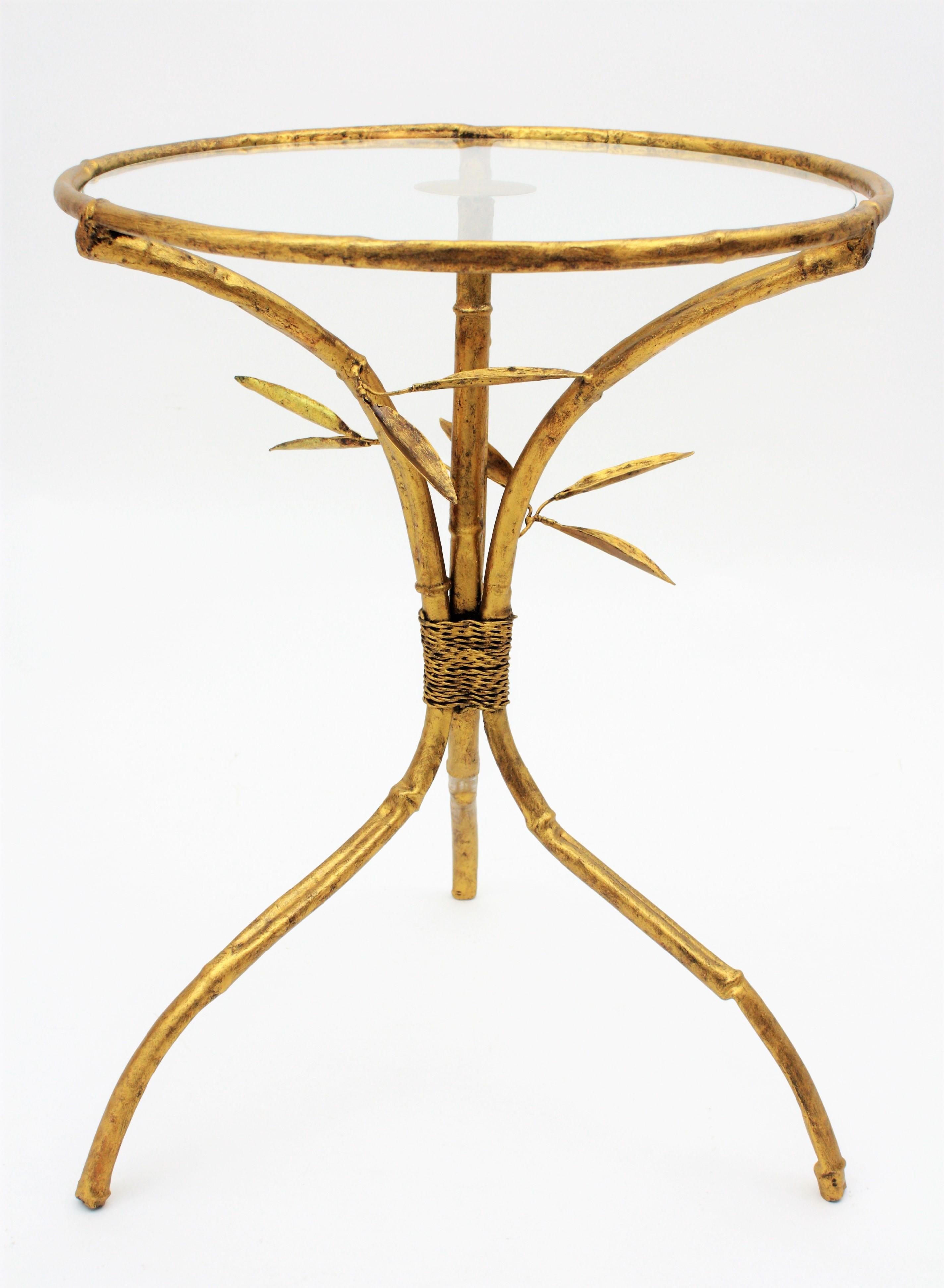 Hollywood Regency Gilt Wrought Iron Gueridon End Drinks Table / Side Table, Faux Bamboo Design