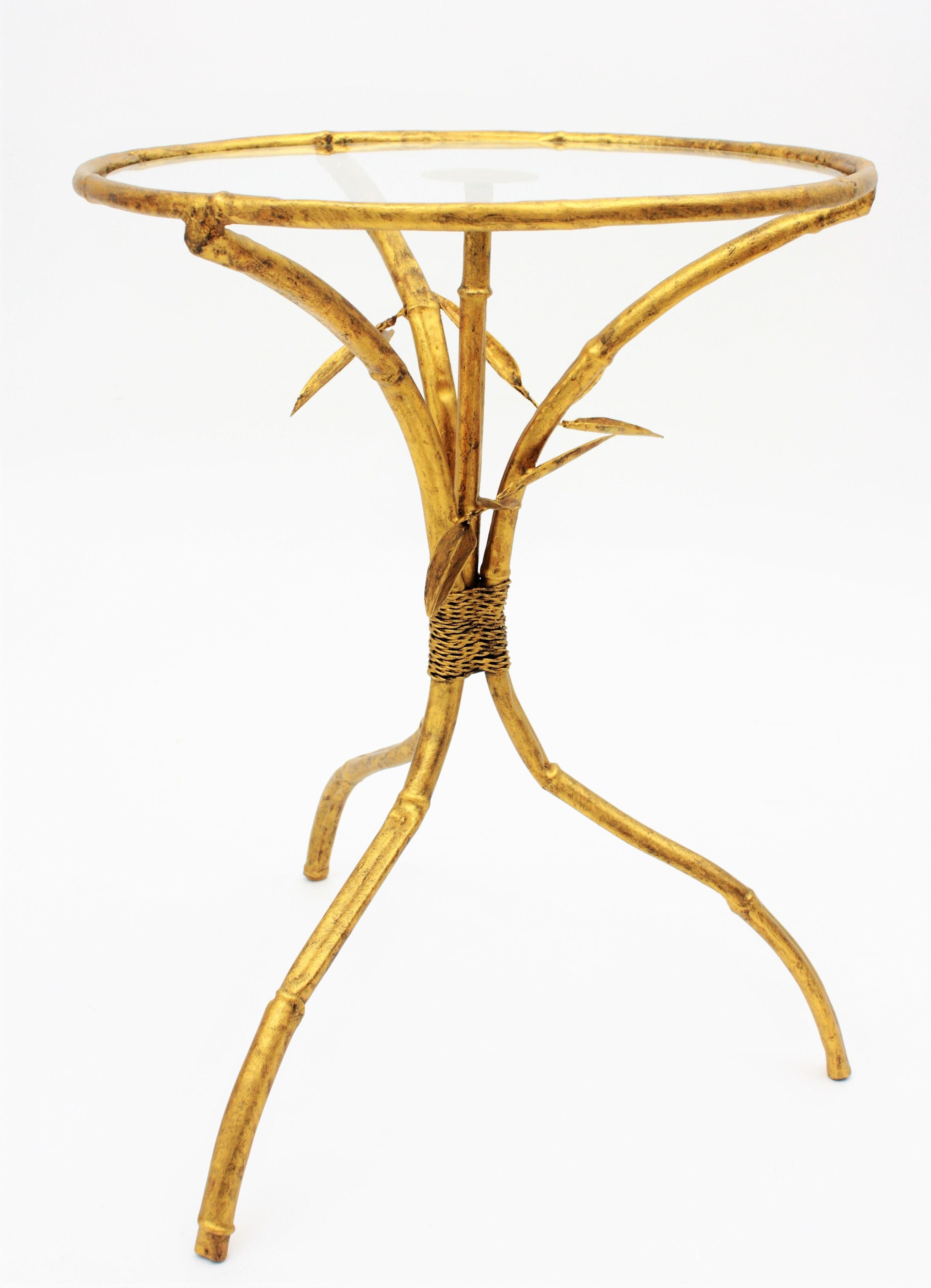 Glass Gilt Wrought Iron Gueridon End Drinks Table / Side Table, Faux Bamboo Design