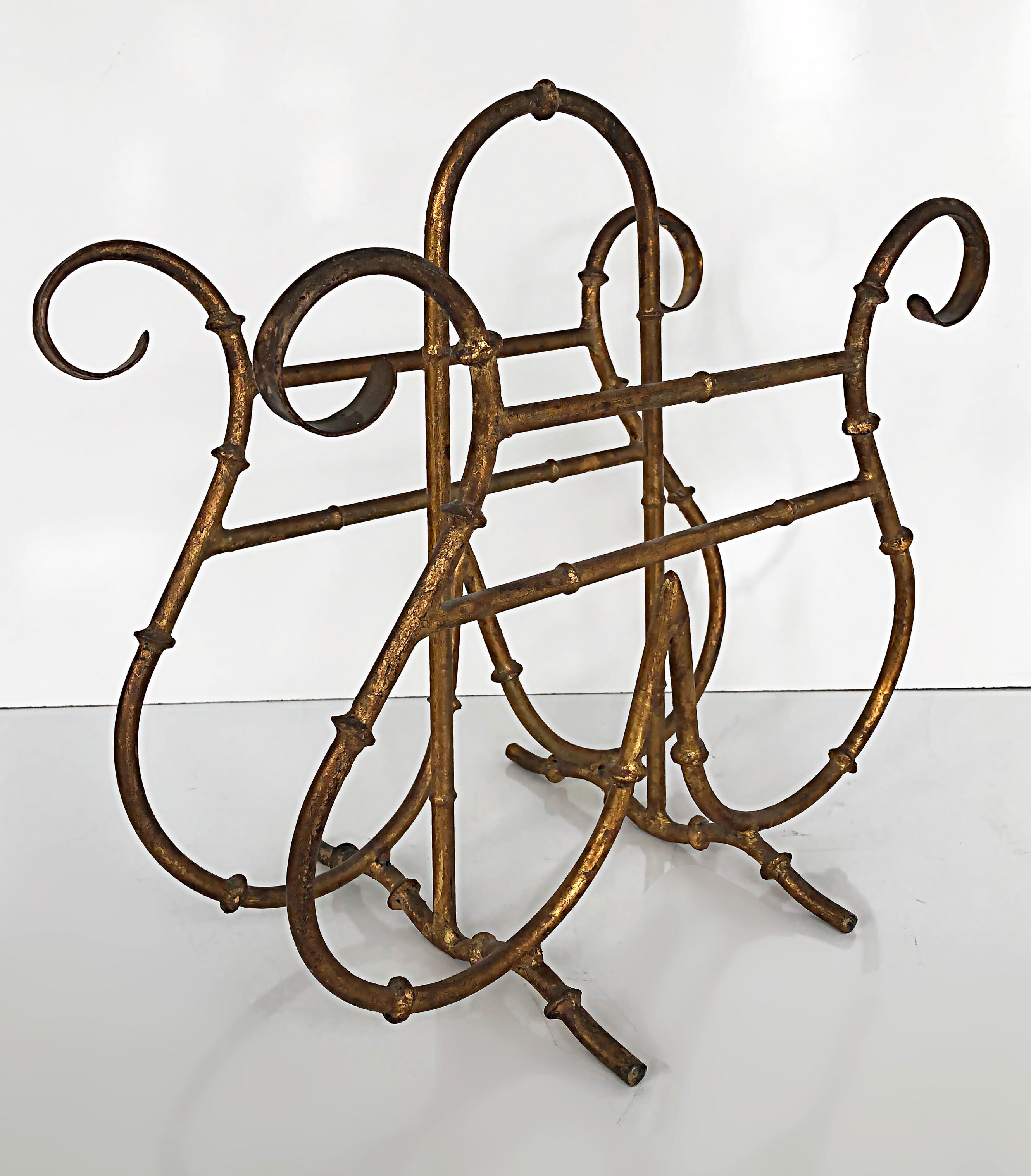 Gilt Wrought Iron Magazine Rack Newspaper Stand Holder In Good Condition For Sale In Miami, FL