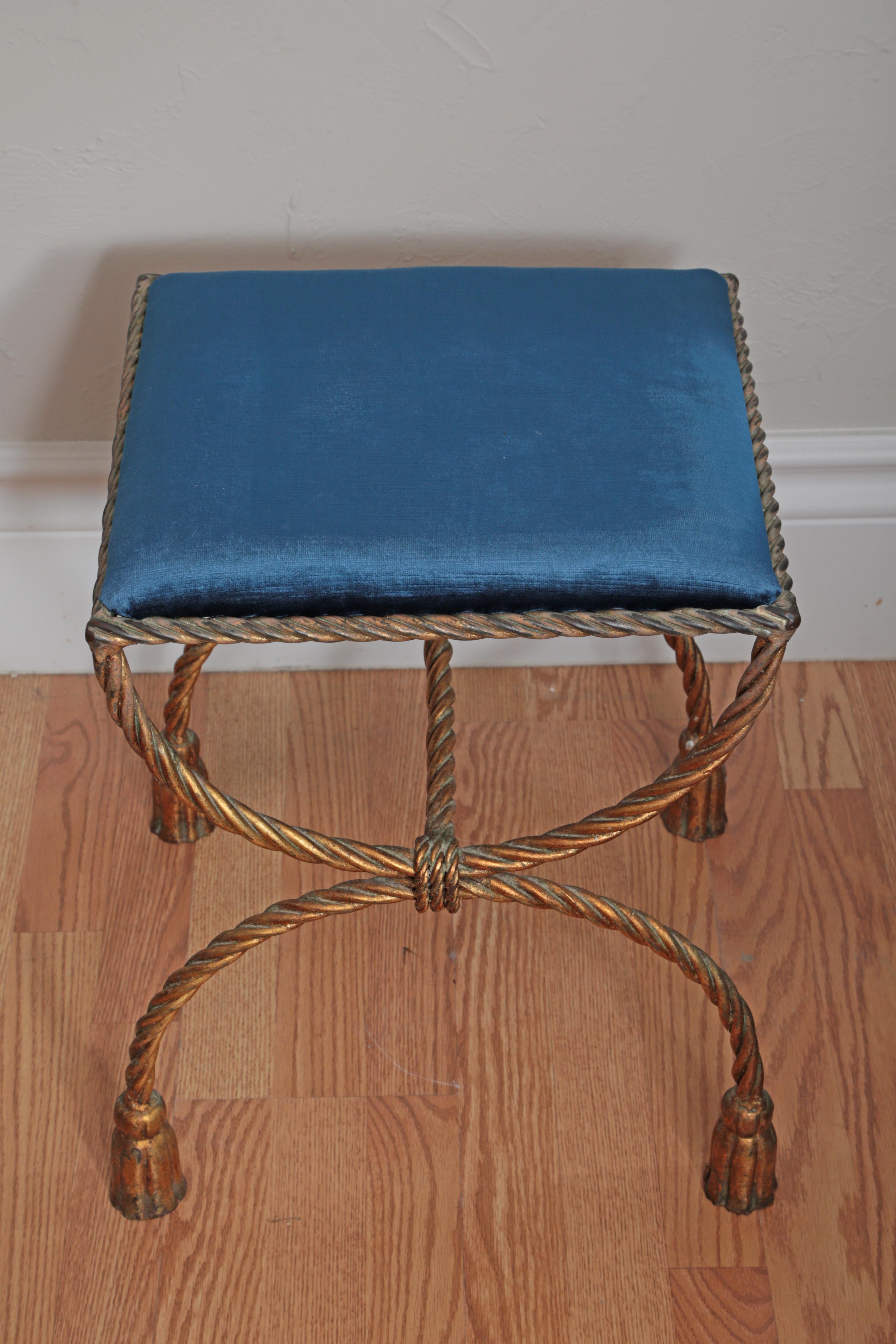 Italian gilded iron vanity bench with new blue silk velvet upholstery.