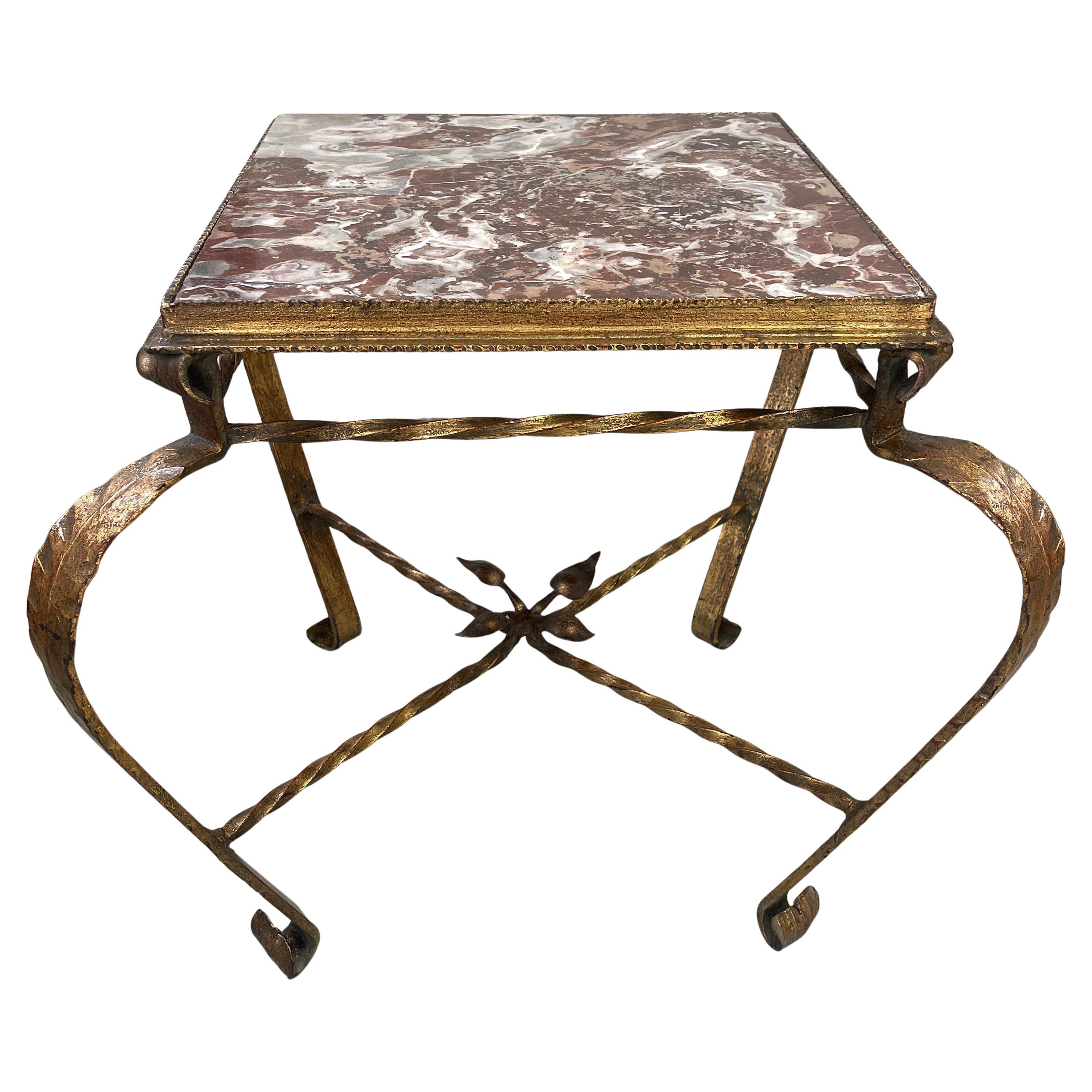 Spanish Gilt Wrought Iron Side Table with Square Red Marble Top Hollywood Regency For Sale