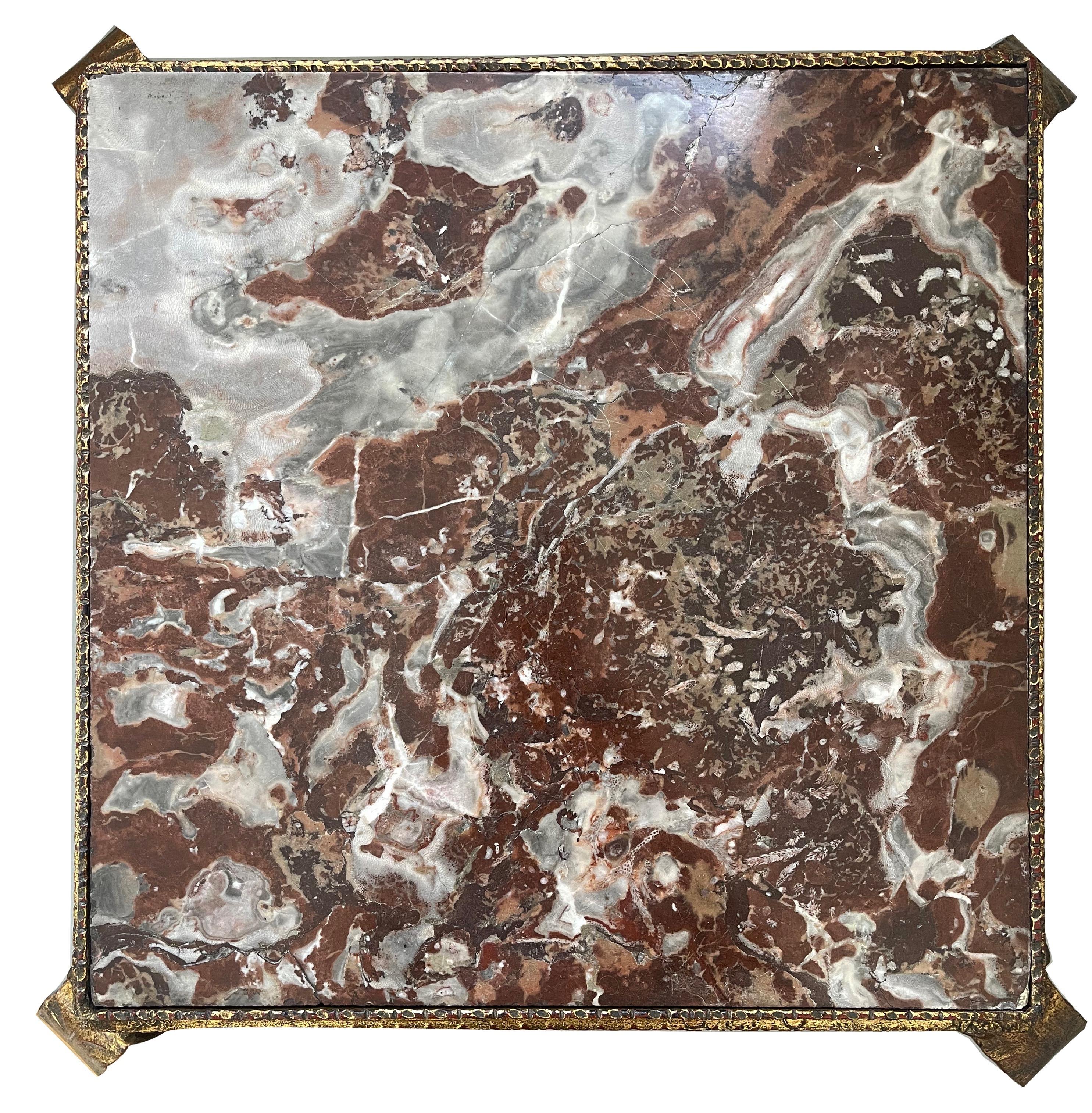 Hand-Crafted Gilt Wrought Iron Side Table with Square Red Marble Top Hollywood Regency For Sale