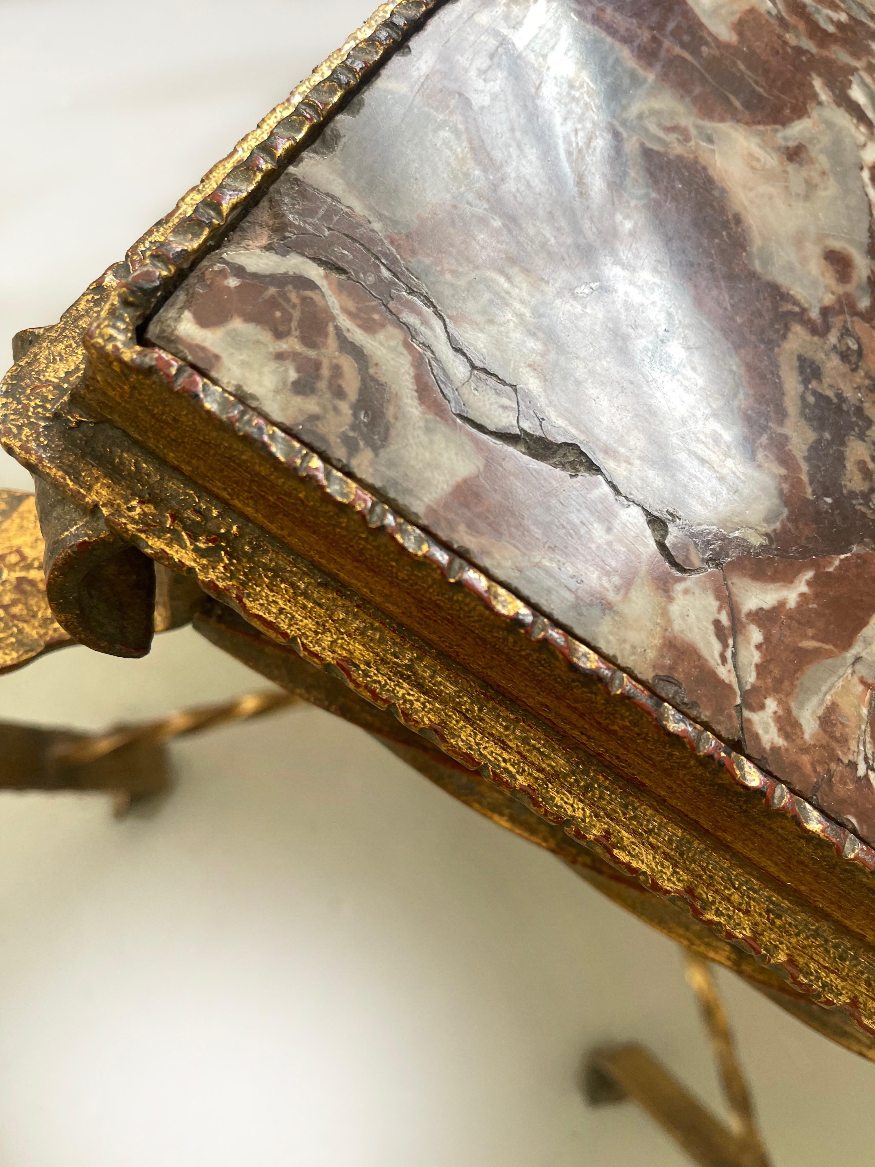 Late 20th Century Gilt Wrought Iron Side Table with Square Red Marble Top Hollywood Regency For Sale