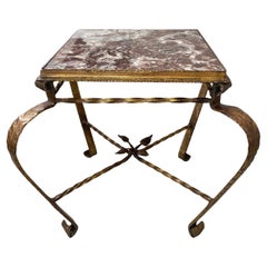 Gilt Wrought Iron Side Table with Square Red Marble Top Hollywood Regency