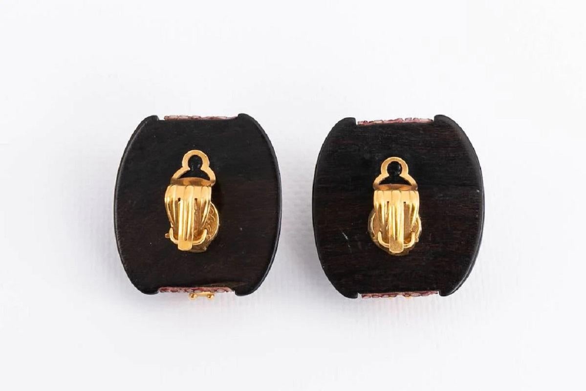Artist Gilted Metal Clip-on Earrings with Wood and Coloured Cabochons For Sale