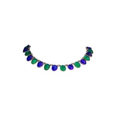 Gilted Metal Necklace in Green and Blue Glass Paste Necklace
