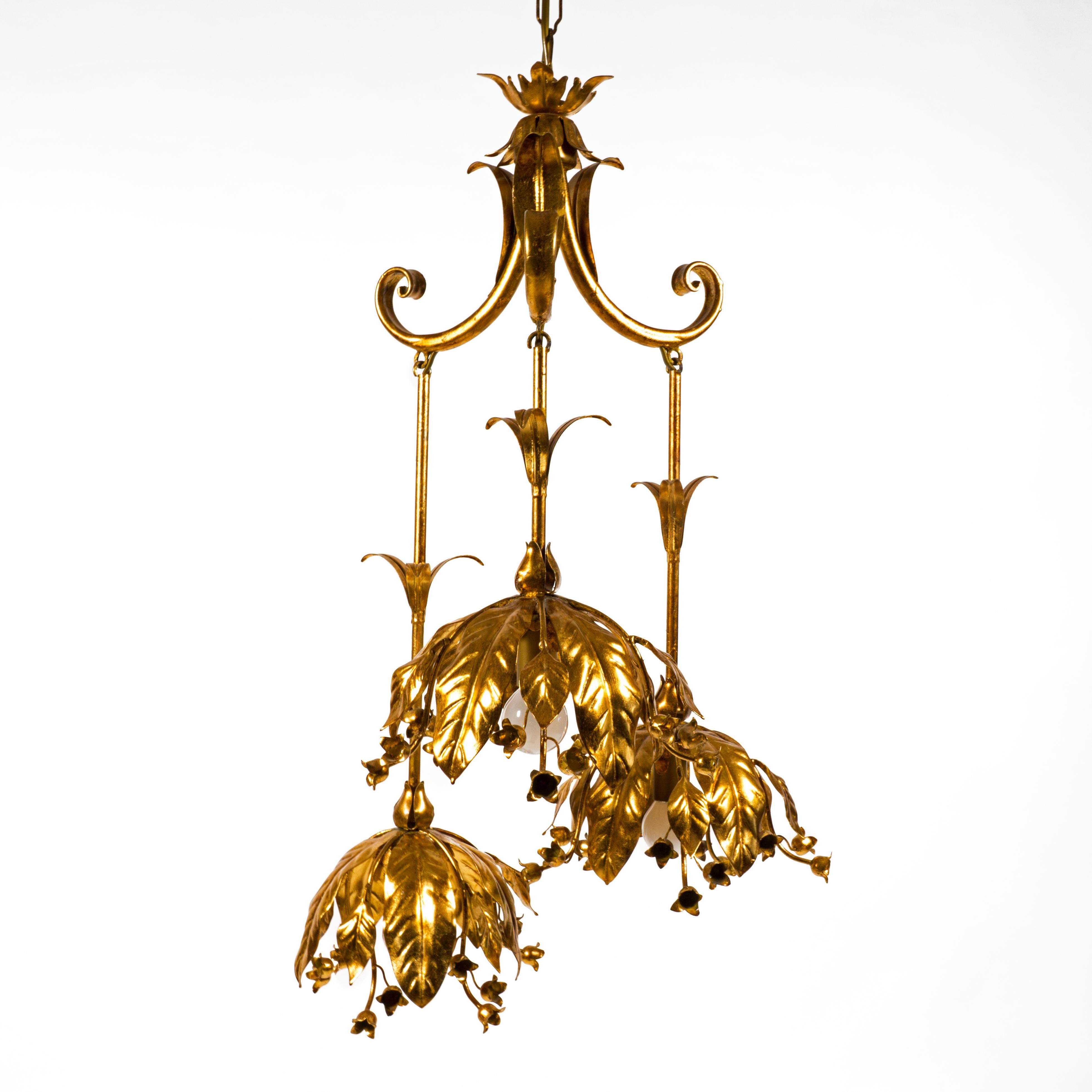 Mid-Century Modern Giltet Floral 1970s Pendant Light Chandelier by Banci Firenze, Italy