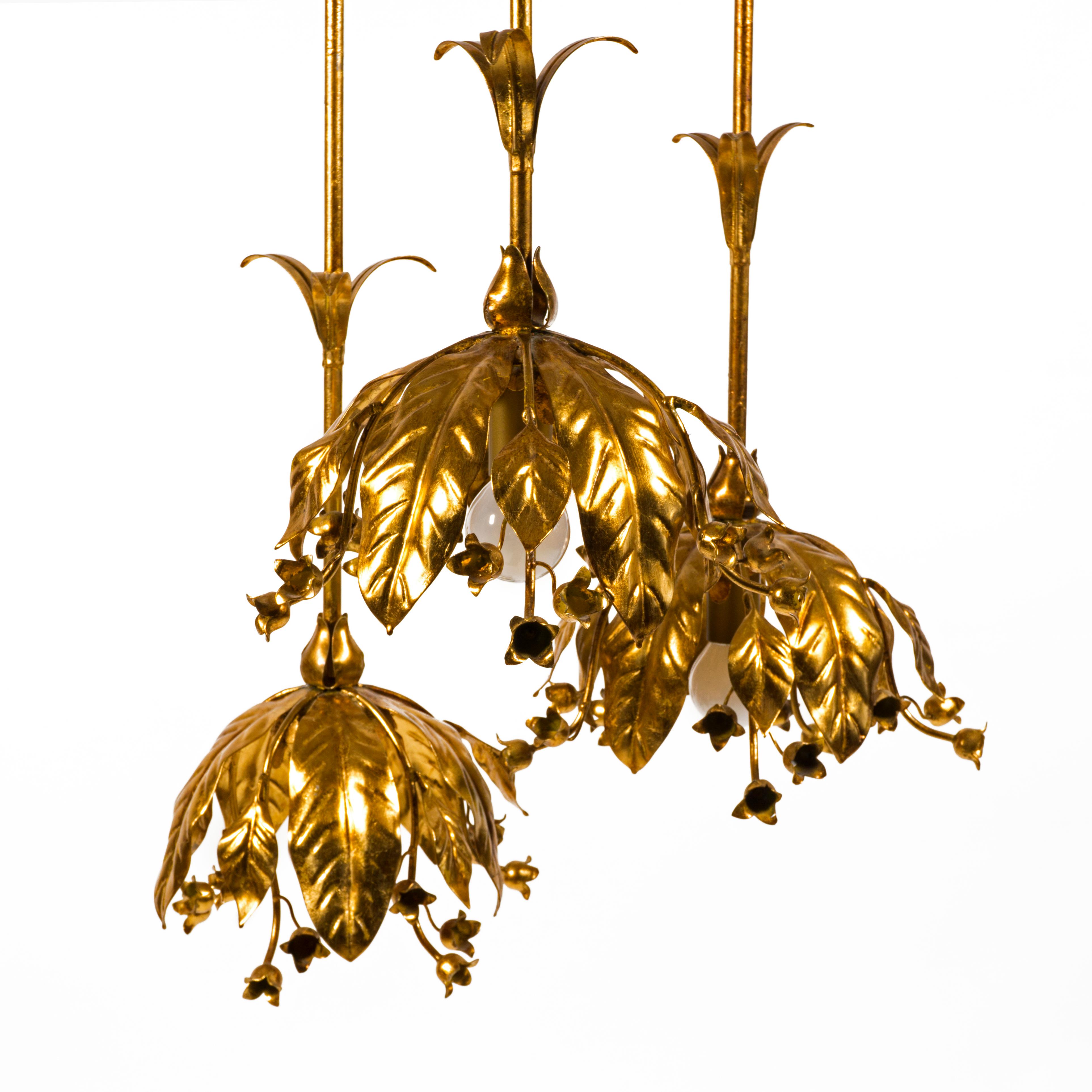 Italian Giltet Floral 1970s Pendant Light Chandelier by Banci Firenze, Italy