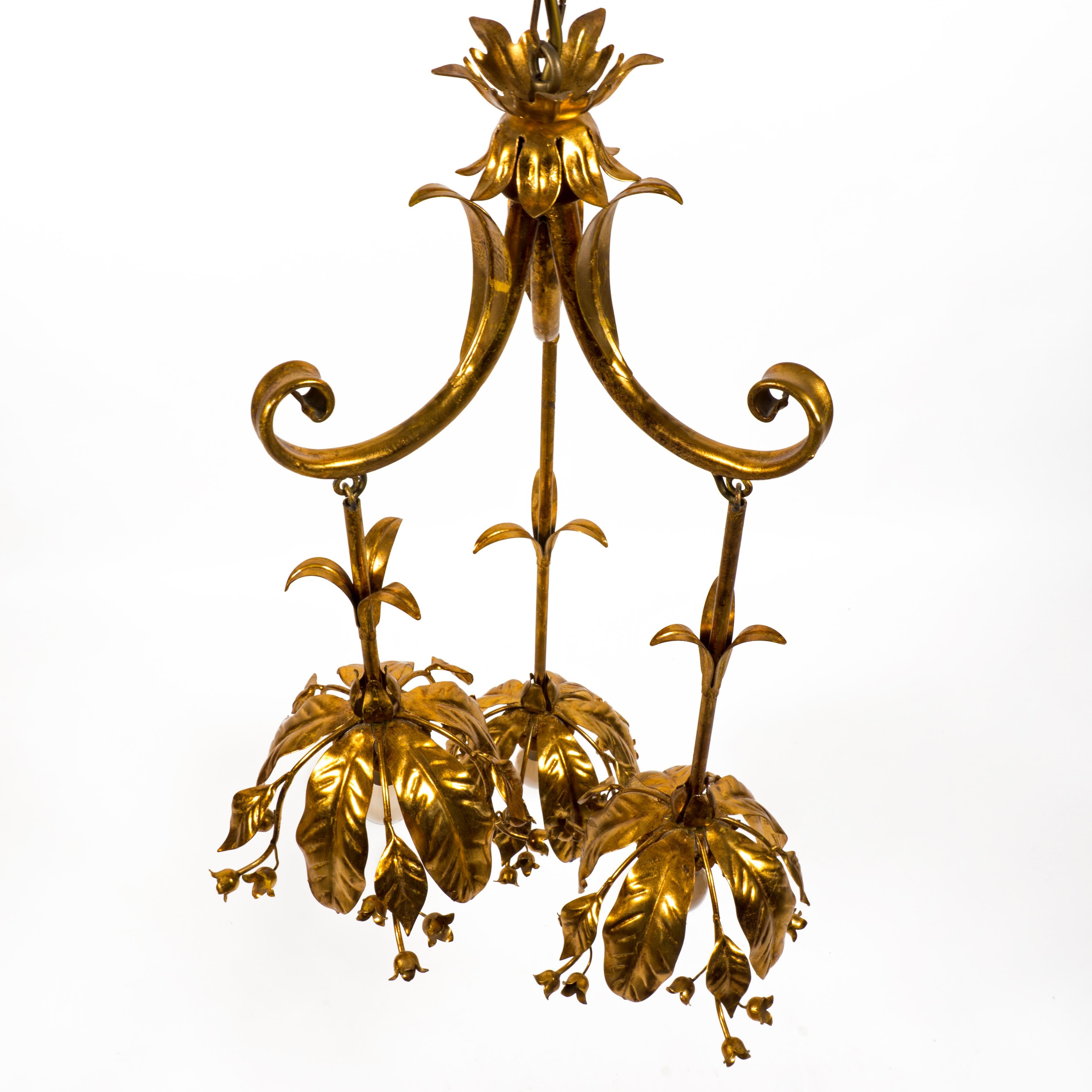 Giltet Floral 1970s Pendant Light Chandelier by Banci Firenze, Italy In Good Condition In Regensburg, DE
