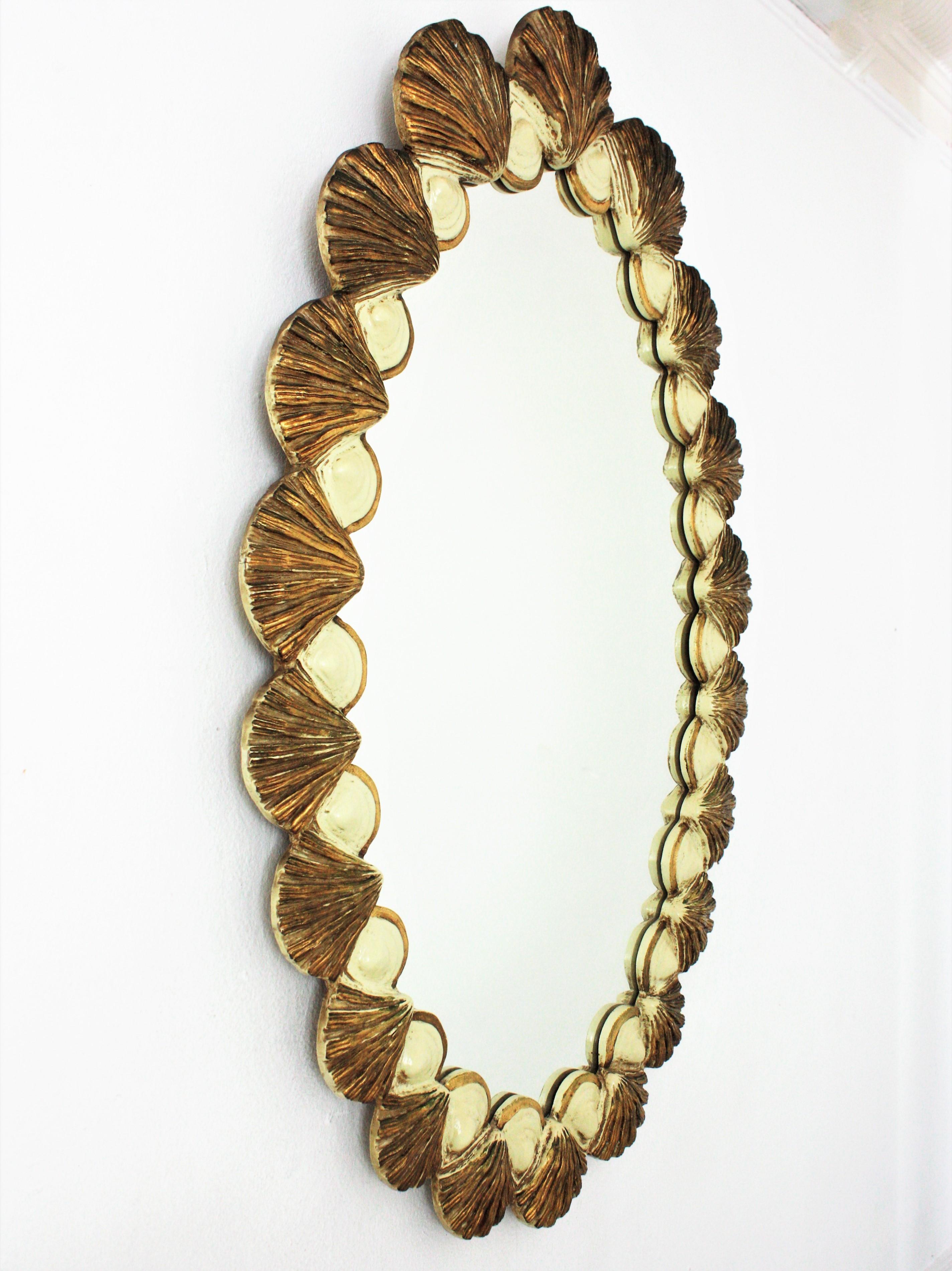 Wood Giltwood Beige Oval Mirror with Shell Motif Carved Frame, 1950s For Sale