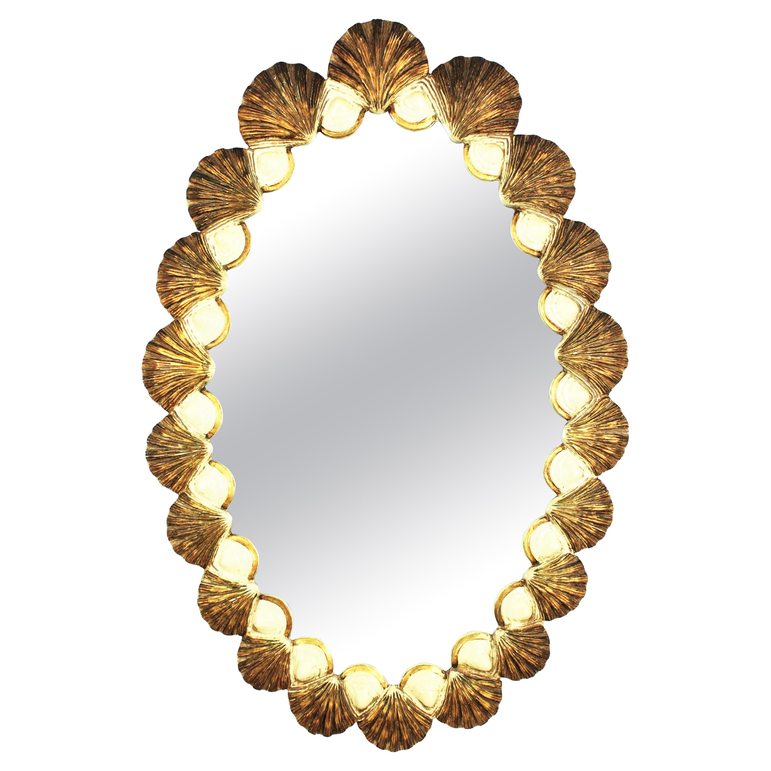 Giltwood and Beige Oval Carved Shell Mirror by Francisco Hurtado