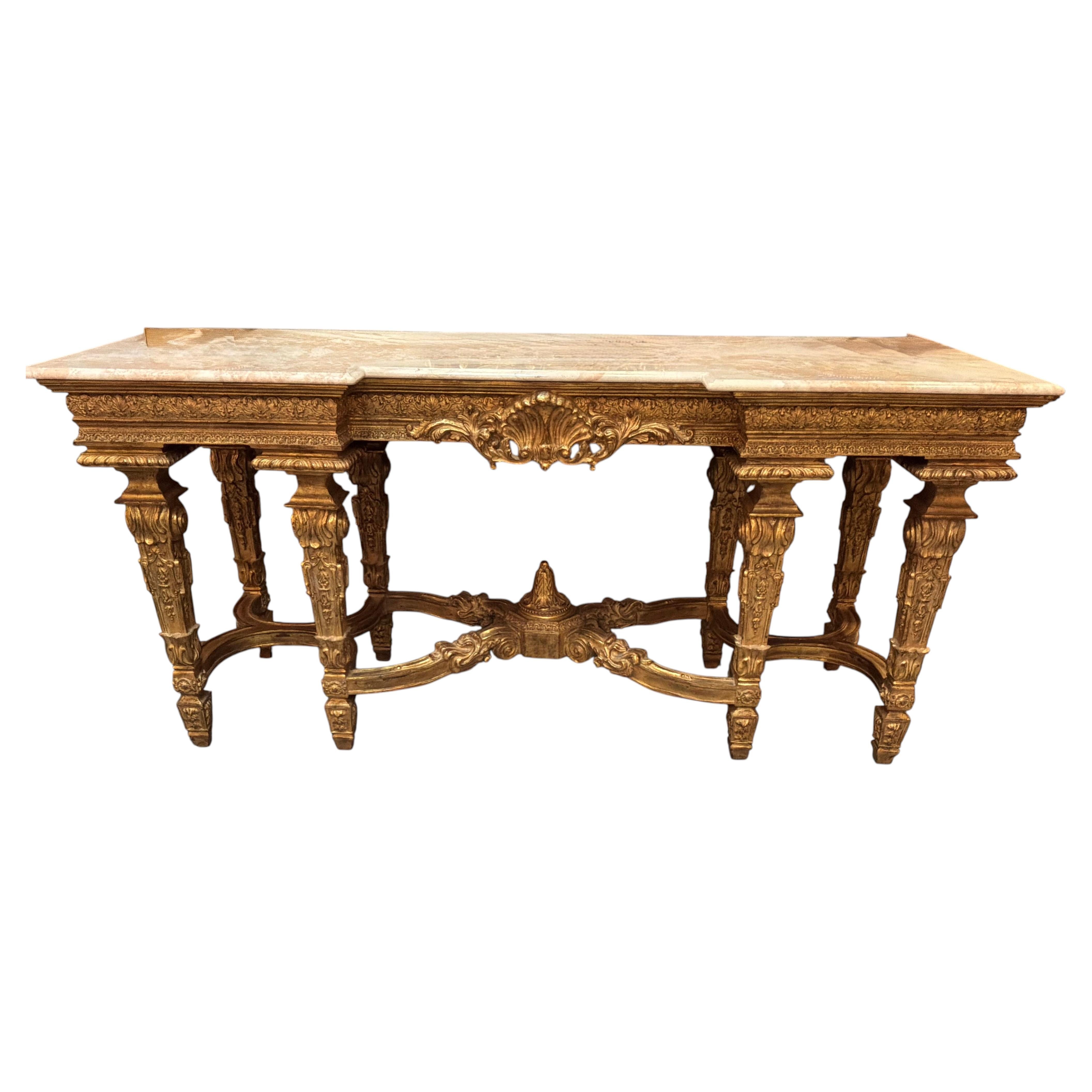 Giltwood and blush marble large console table neoclassical style