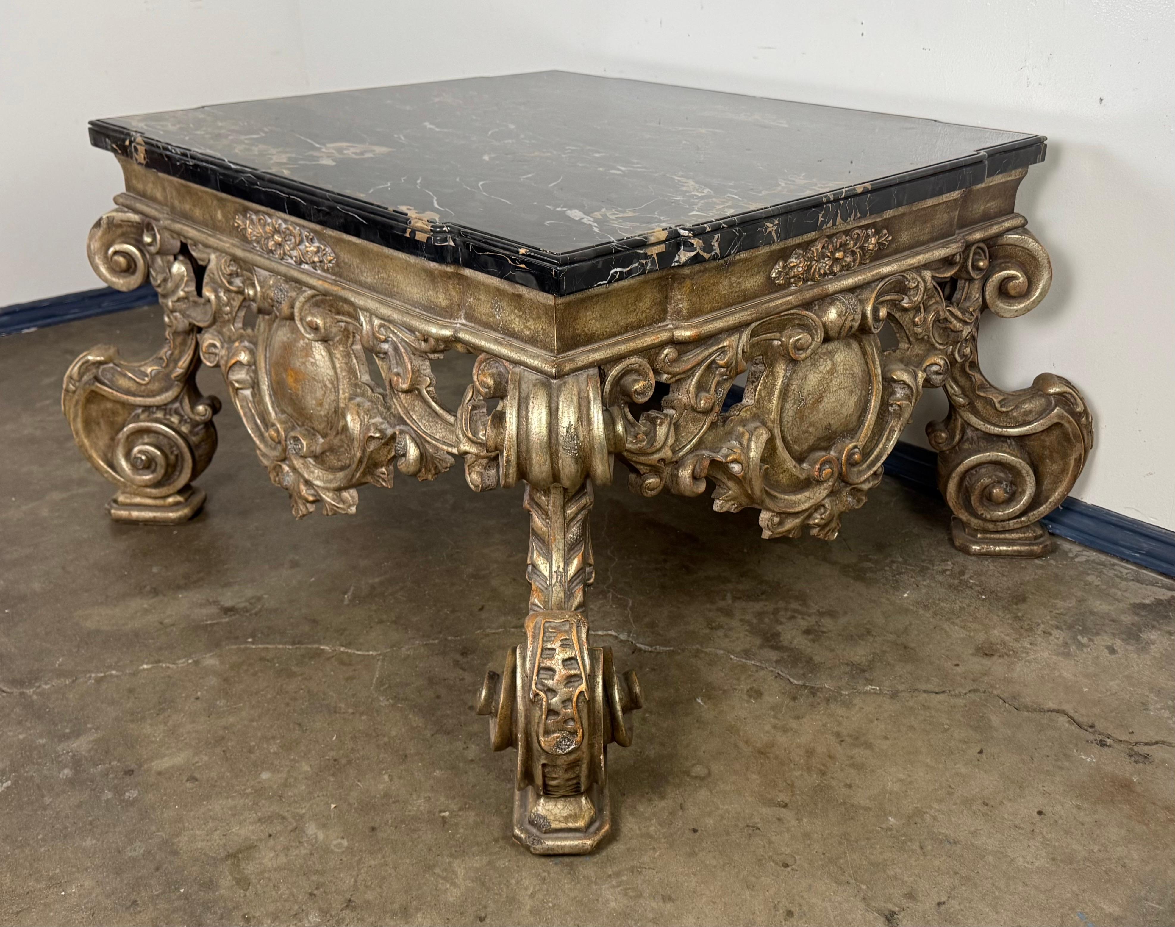 Baroque Giltwood and Ebonized Marble Coffee Table by Brustlin Workshop, Los Angeles For Sale