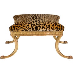 Giltwood and Leopard Klismos Style Bench