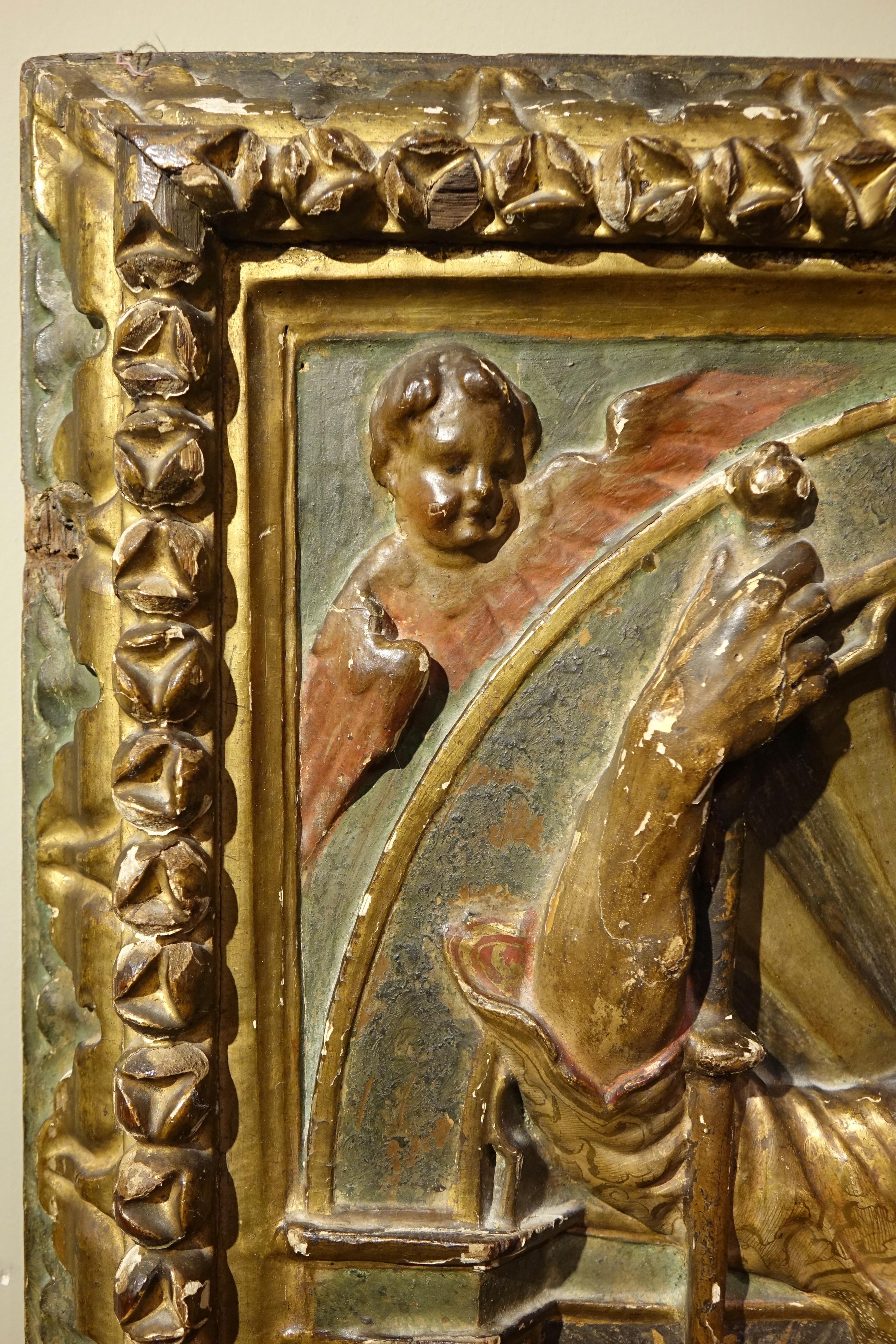 Bois doré et représentation en demi-relief polychrome de Saint Rococo. Espagne, 16ème  en vente 2