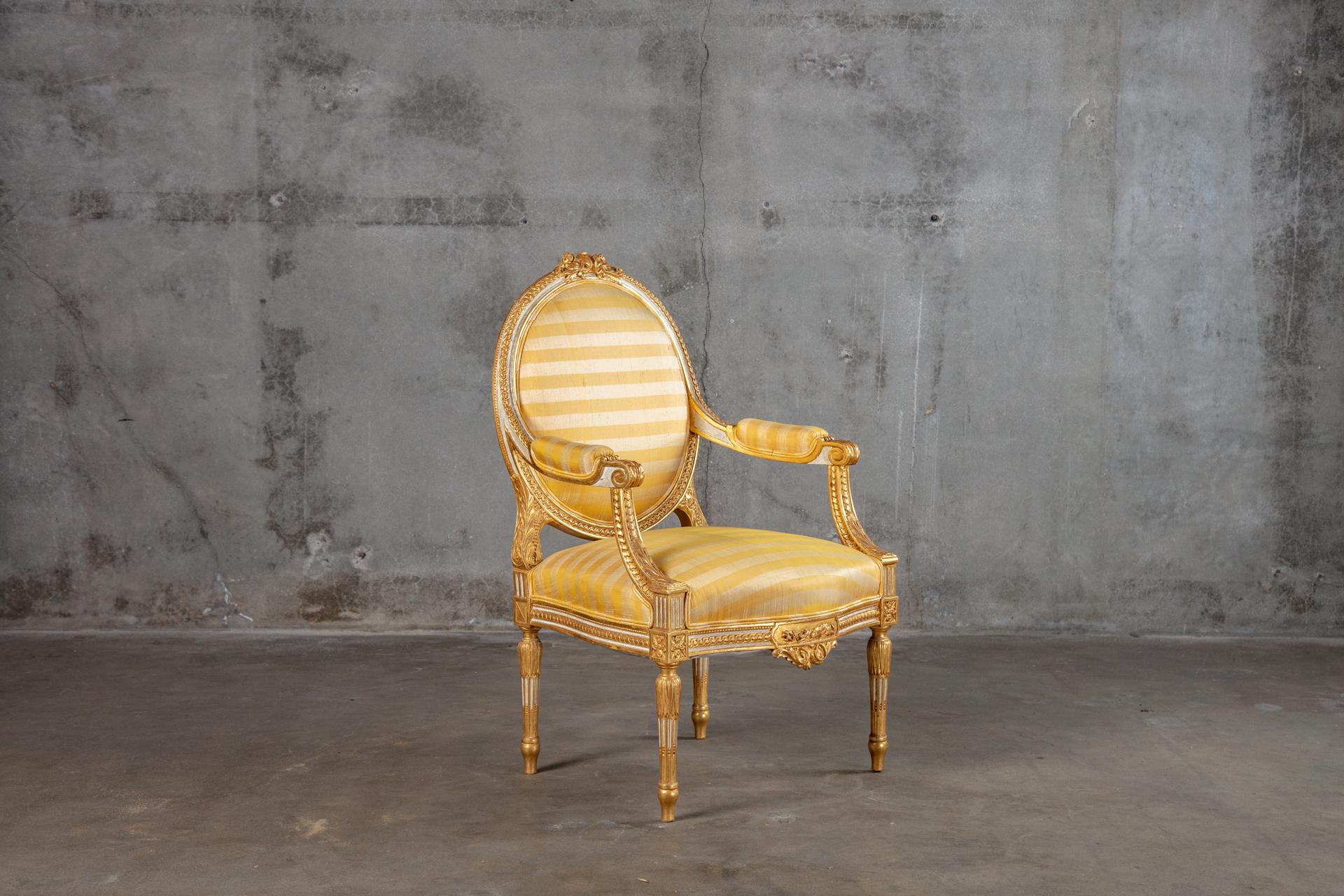 19th Century Giltwood Armchairs Upholstered in Yellow Striped Fabric For Sale