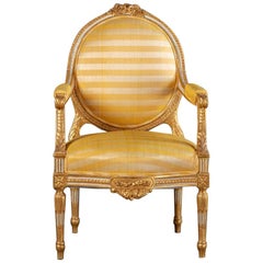 Antique Giltwood Armchairs Upholstered in Yellow Striped Fabric