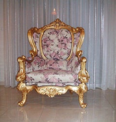 Giltwood Baroque Throne Armchair, Reupholstered