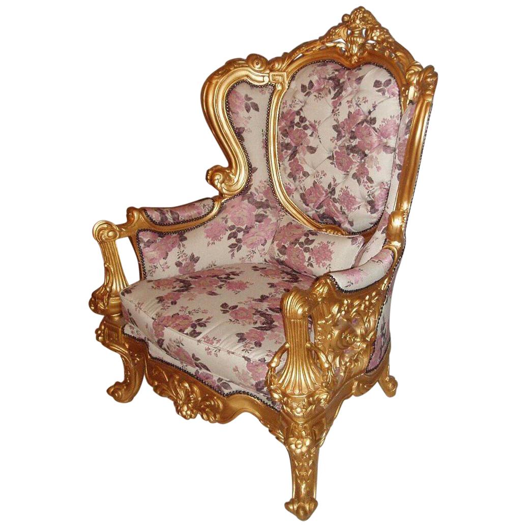 Giltwood Baroque Throne Armchair, Reupholstered
