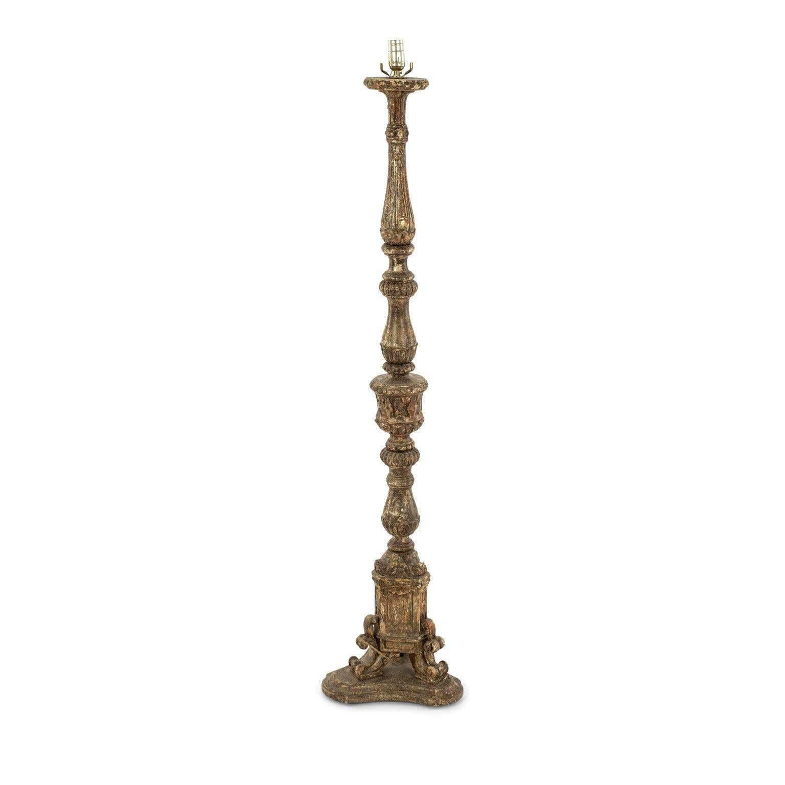 Giltwood candlestand floor lamp: Late 19th century giltwood candlestand, newly wired as floor lamp. Height measured from floor to top of socket. Does not include a shade.