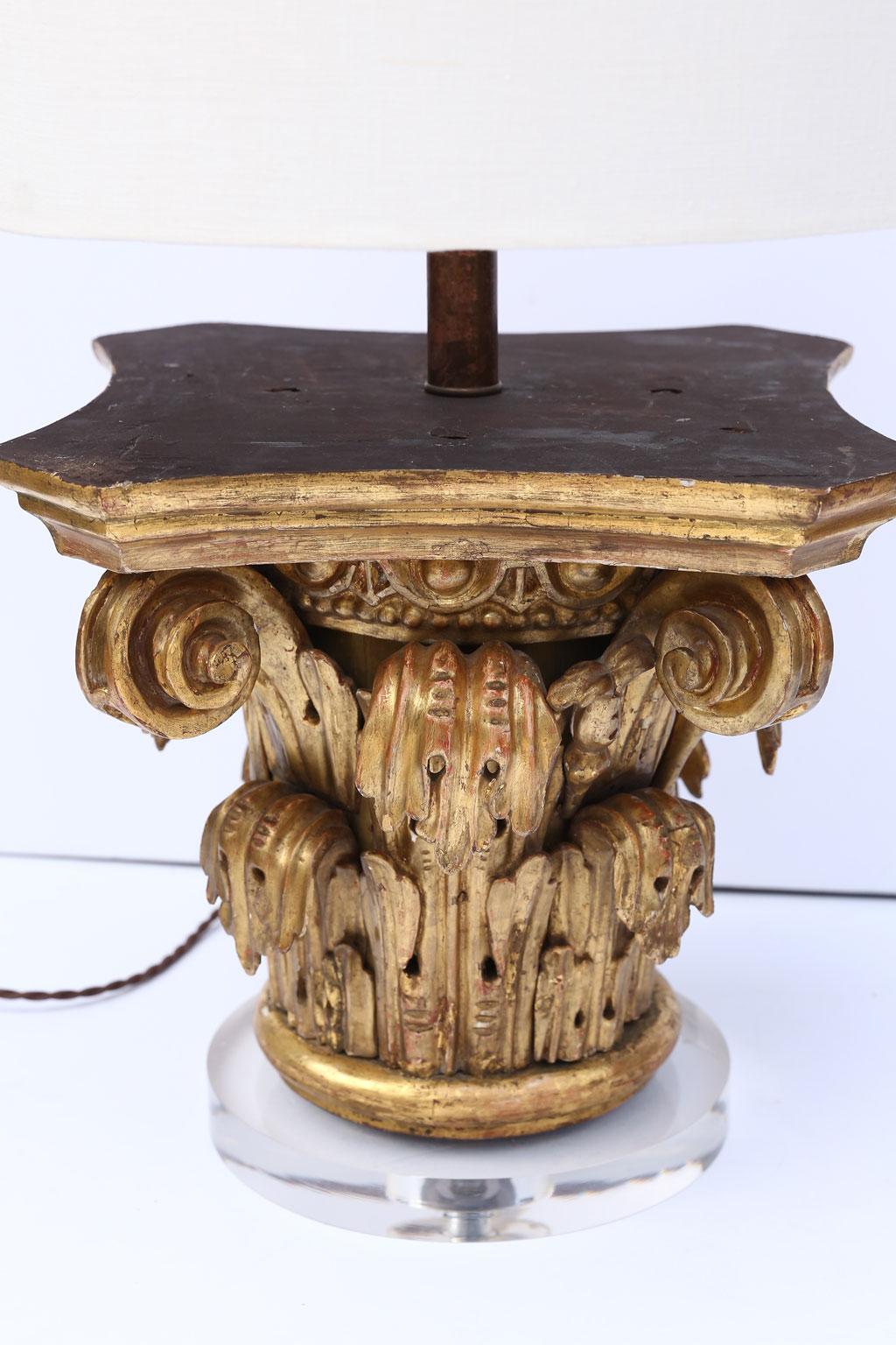 Hand-Carved Giltwood Capital as Custom Table Lamp
