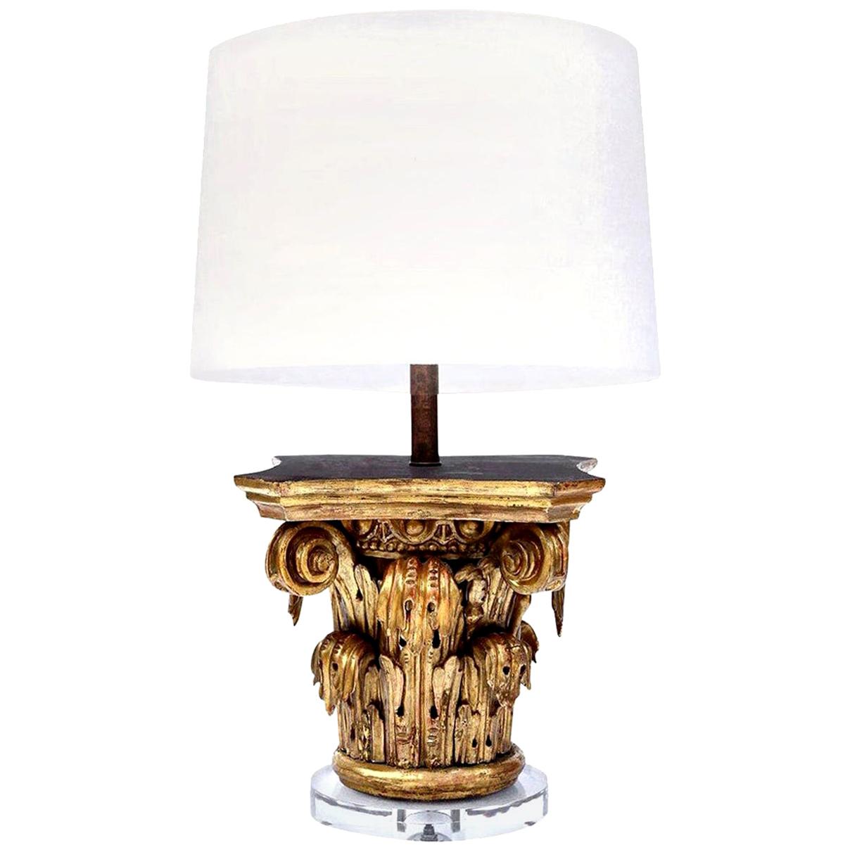 Lucite Giltwood Capital as Custom Table Lamp