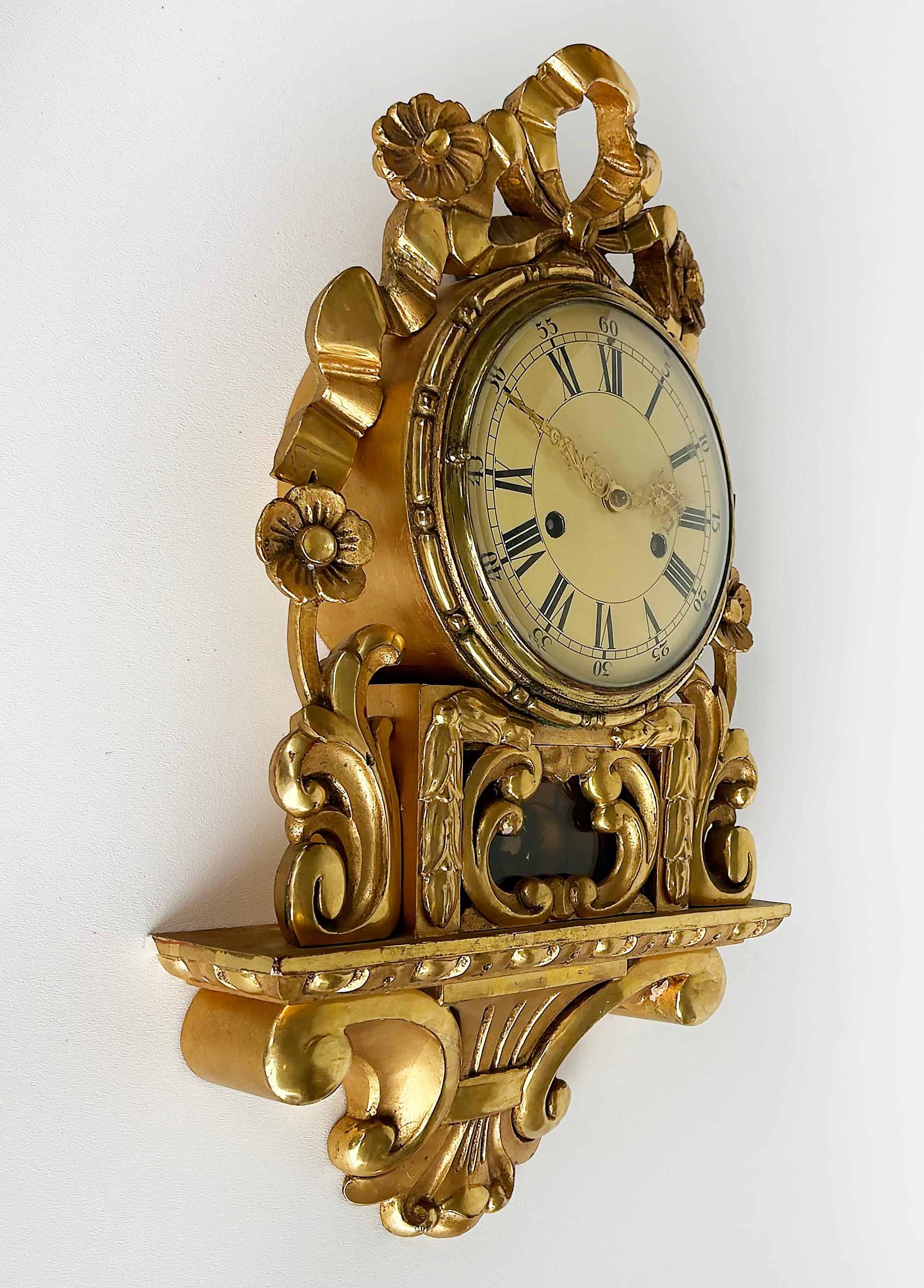 Rococo Revival Giltwood Cartel Wall Clock Complete, Original Key, Enameled Face, Pendulum For Sale