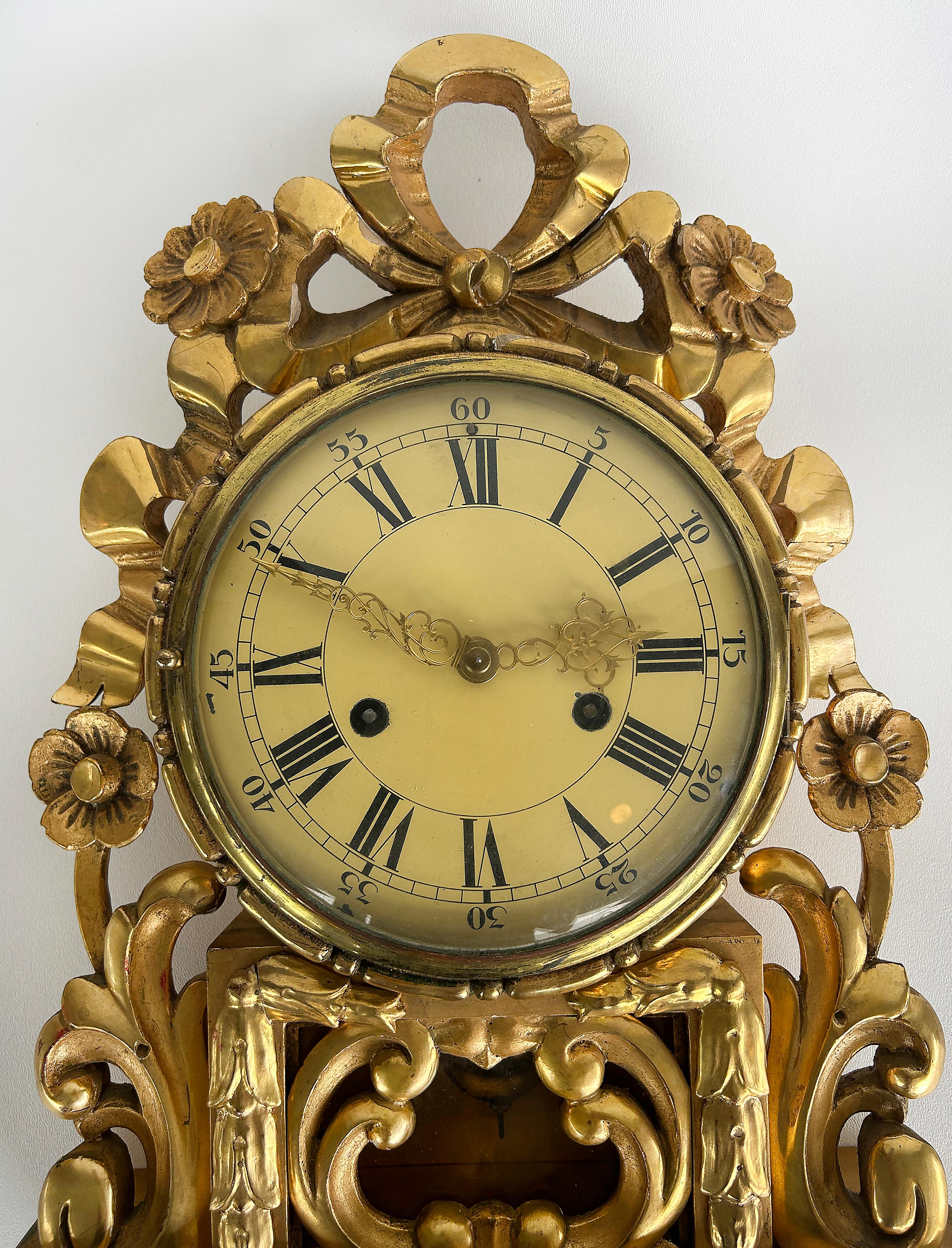 20th Century Giltwood Cartel Wall Clock Complete, Original Key, Enameled Face, Pendulum For Sale