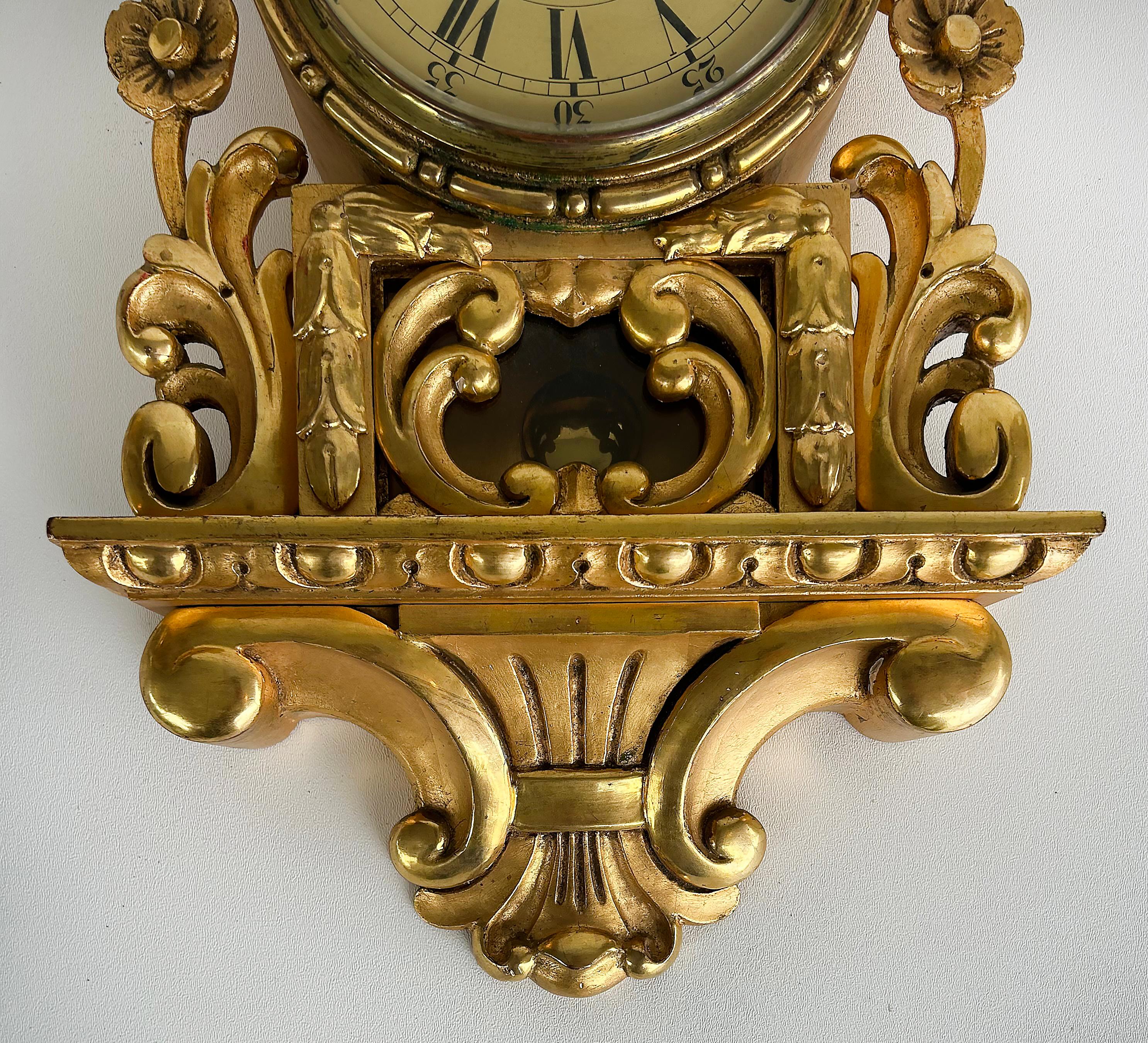 Giltwood Cartel Wall Clock Complete, Original Key, Enameled Face, Pendulum For Sale 2