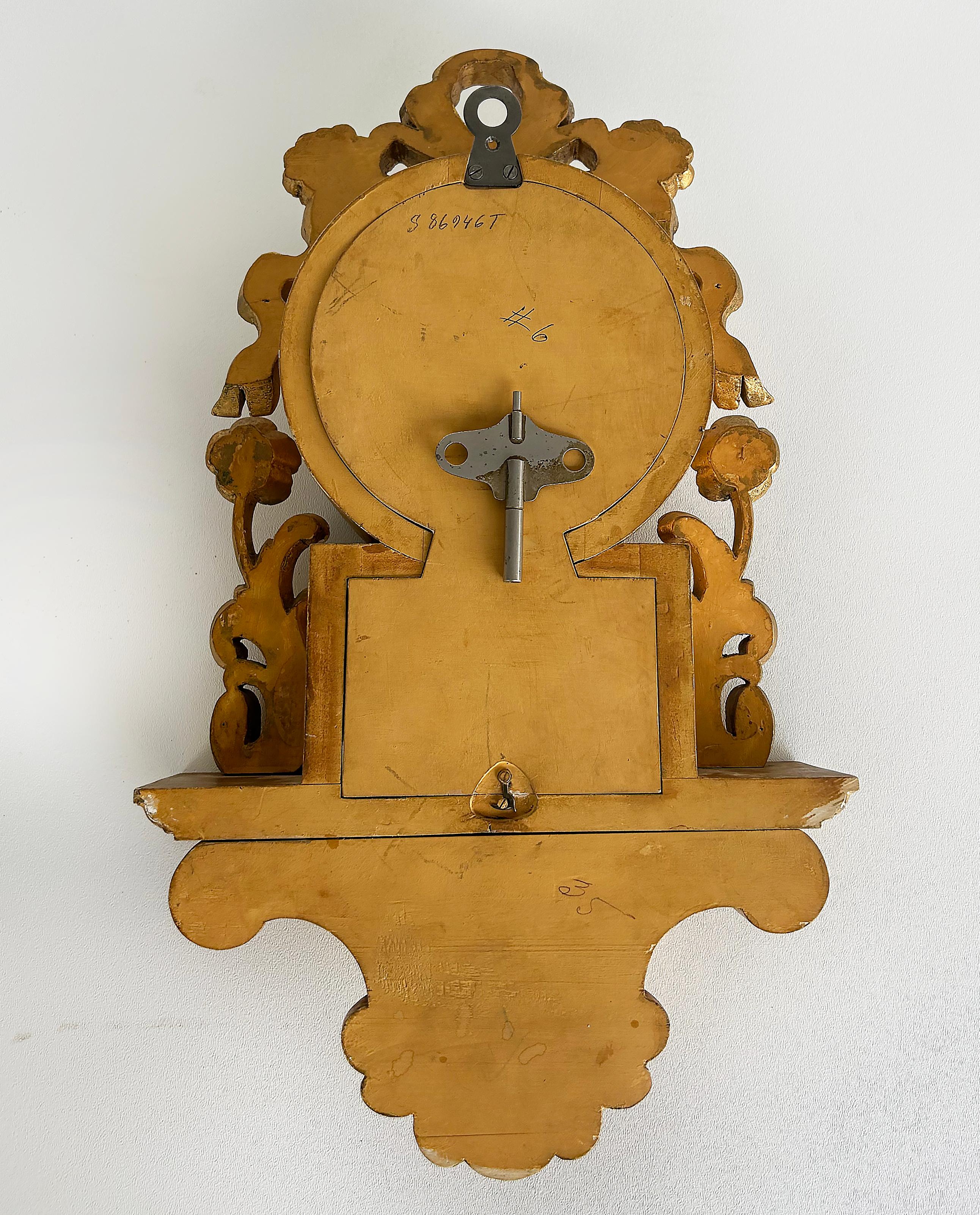 Giltwood Cartel Wall Clock Complete, Original Key, Enameled Face, Pendulum For Sale 3