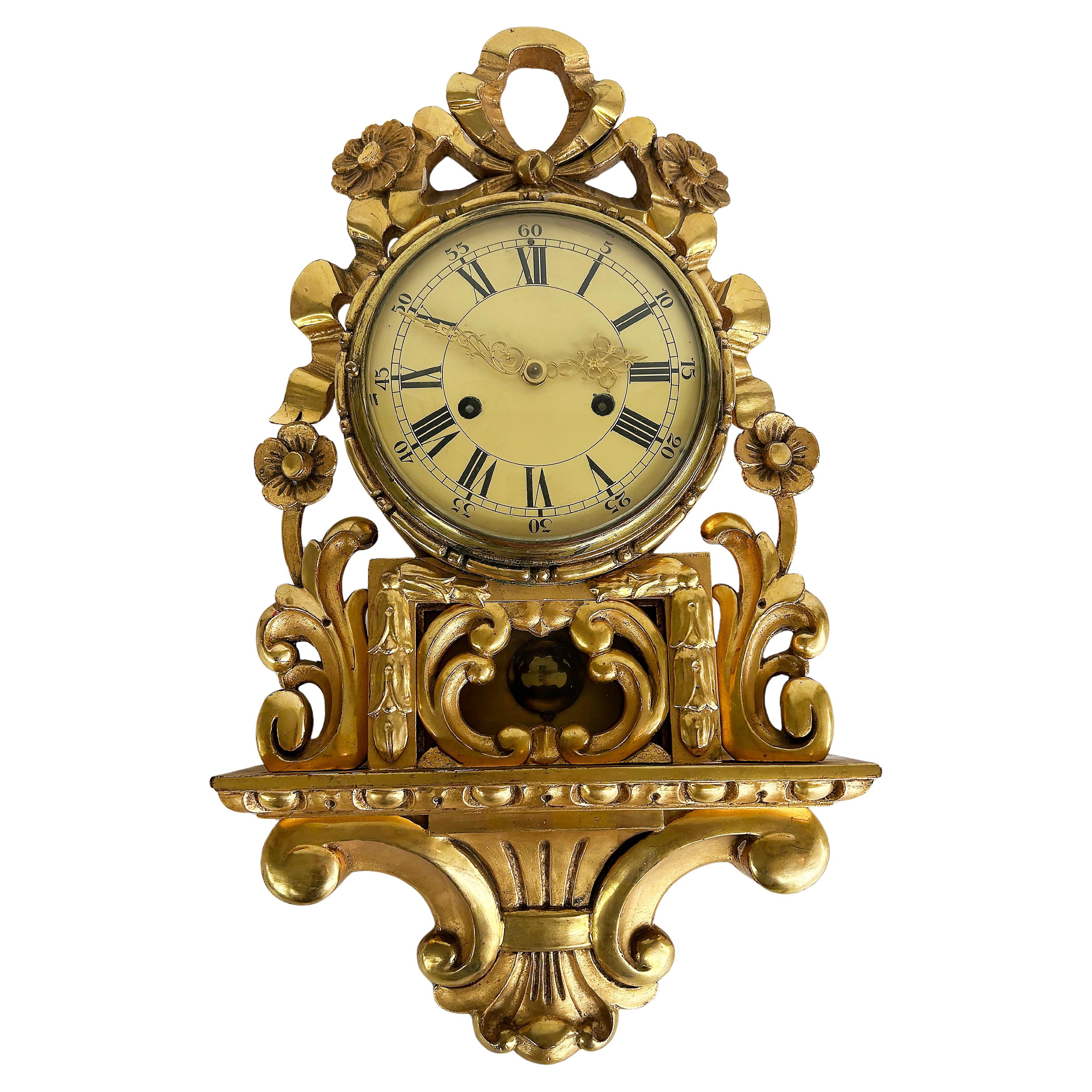 Giltwood Cartel Wall Clock Complete, Original Key, Enameled Face, Pendulum For Sale