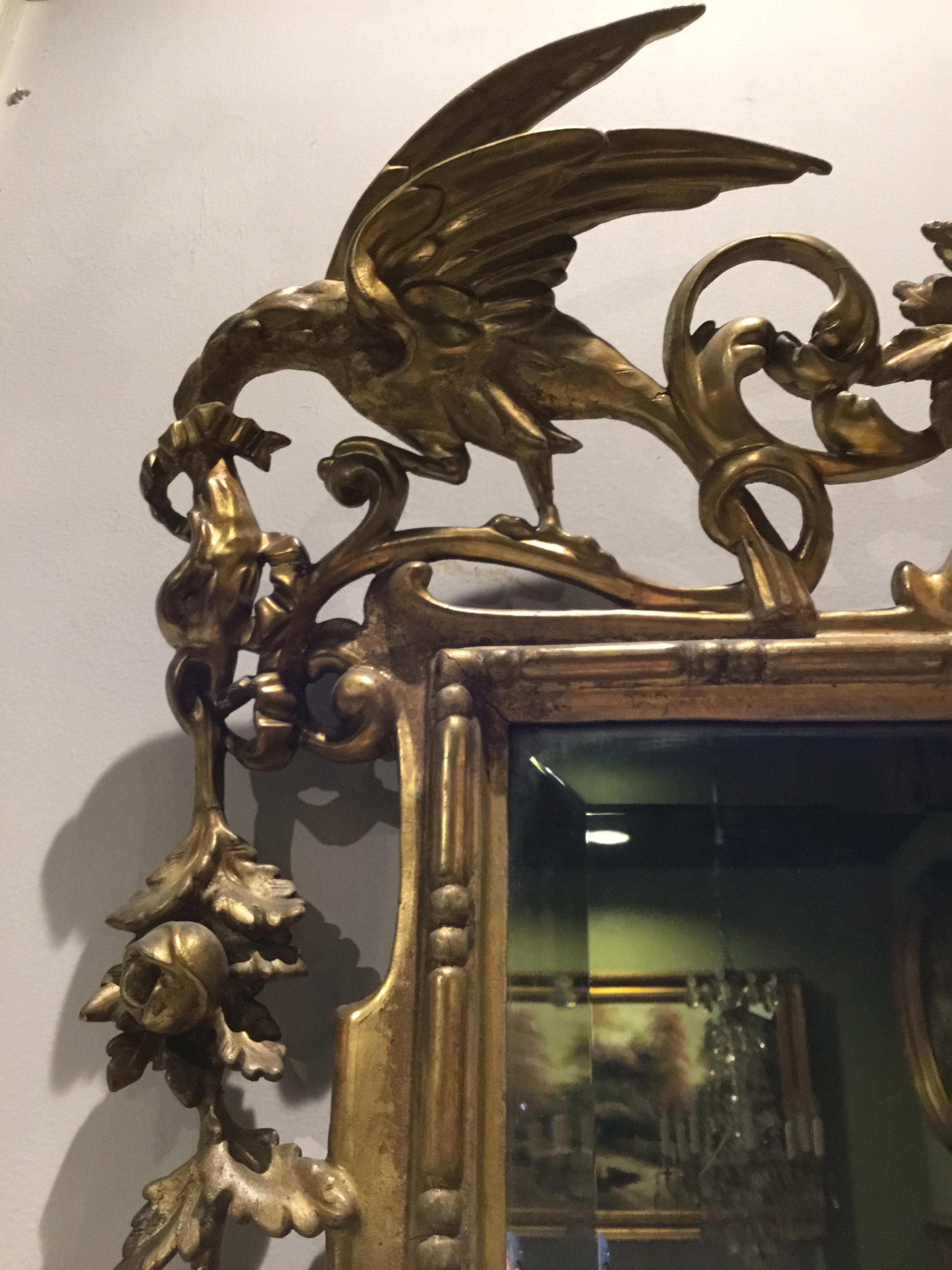 French Giltwood Carved 19th Century Beveled Plate Mirror with Birds and Foliate Designs