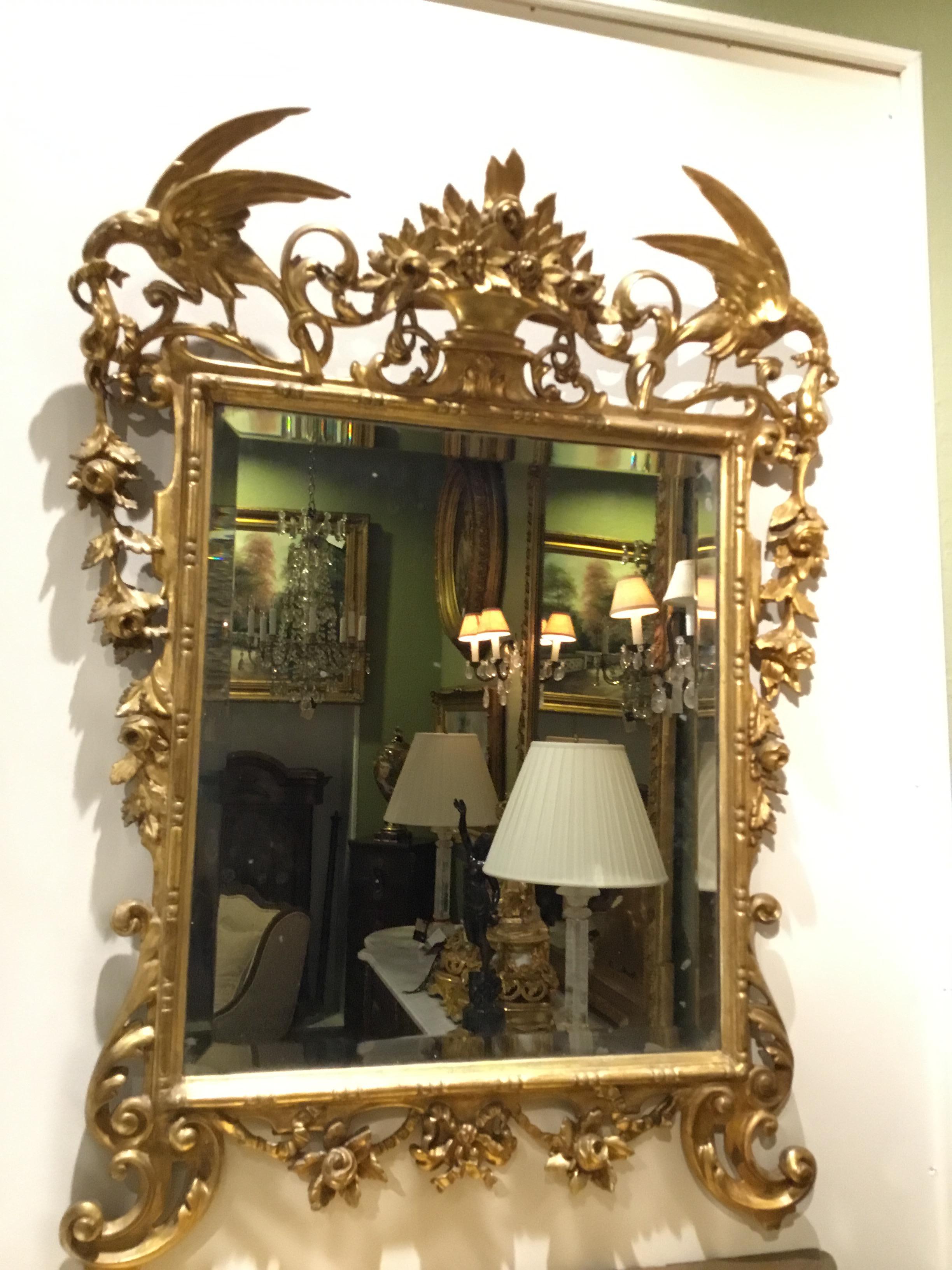 Mid-19th Century Giltwood Carved 19th Century Beveled Plate Mirror with Birds and Foliate Designs