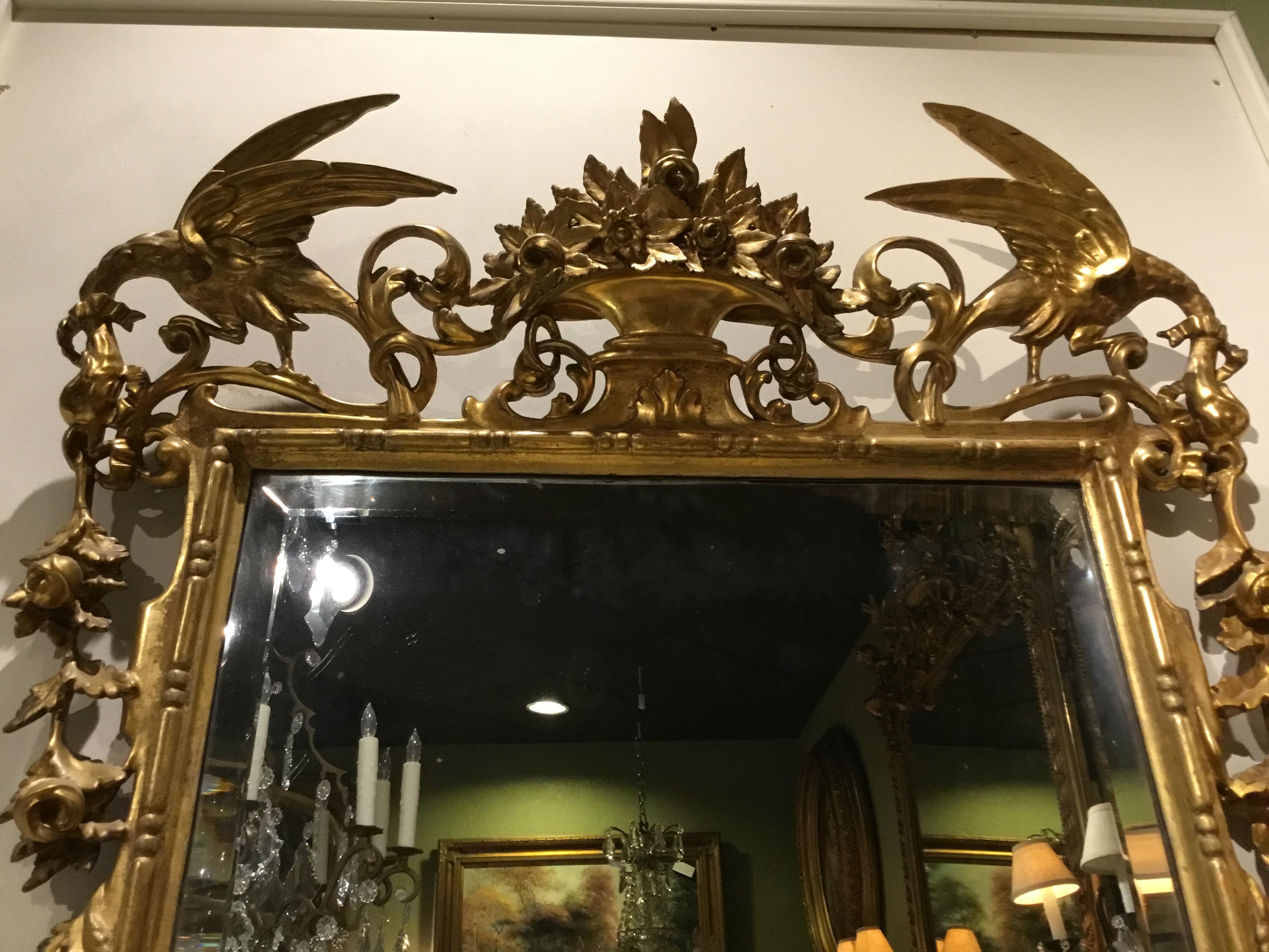 Giltwood Carved 19th Century Beveled Plate Mirror with Birds and Foliate Designs 2