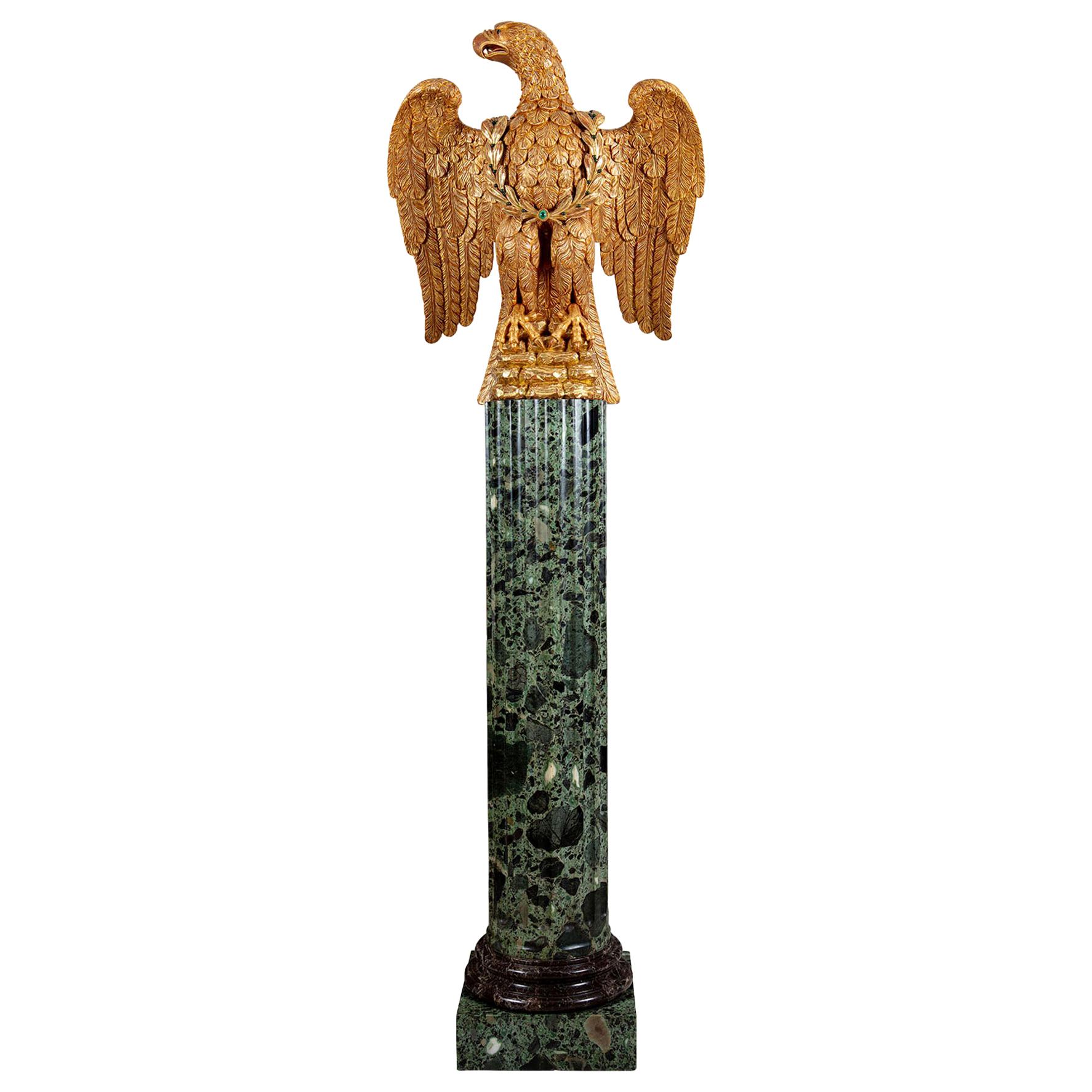 Giltwood Carved Eagle on Verde Antico Fluted Marble Column For Sale