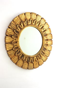 Giltwood Carved Round Sunburst Mirror, Spain 1950s