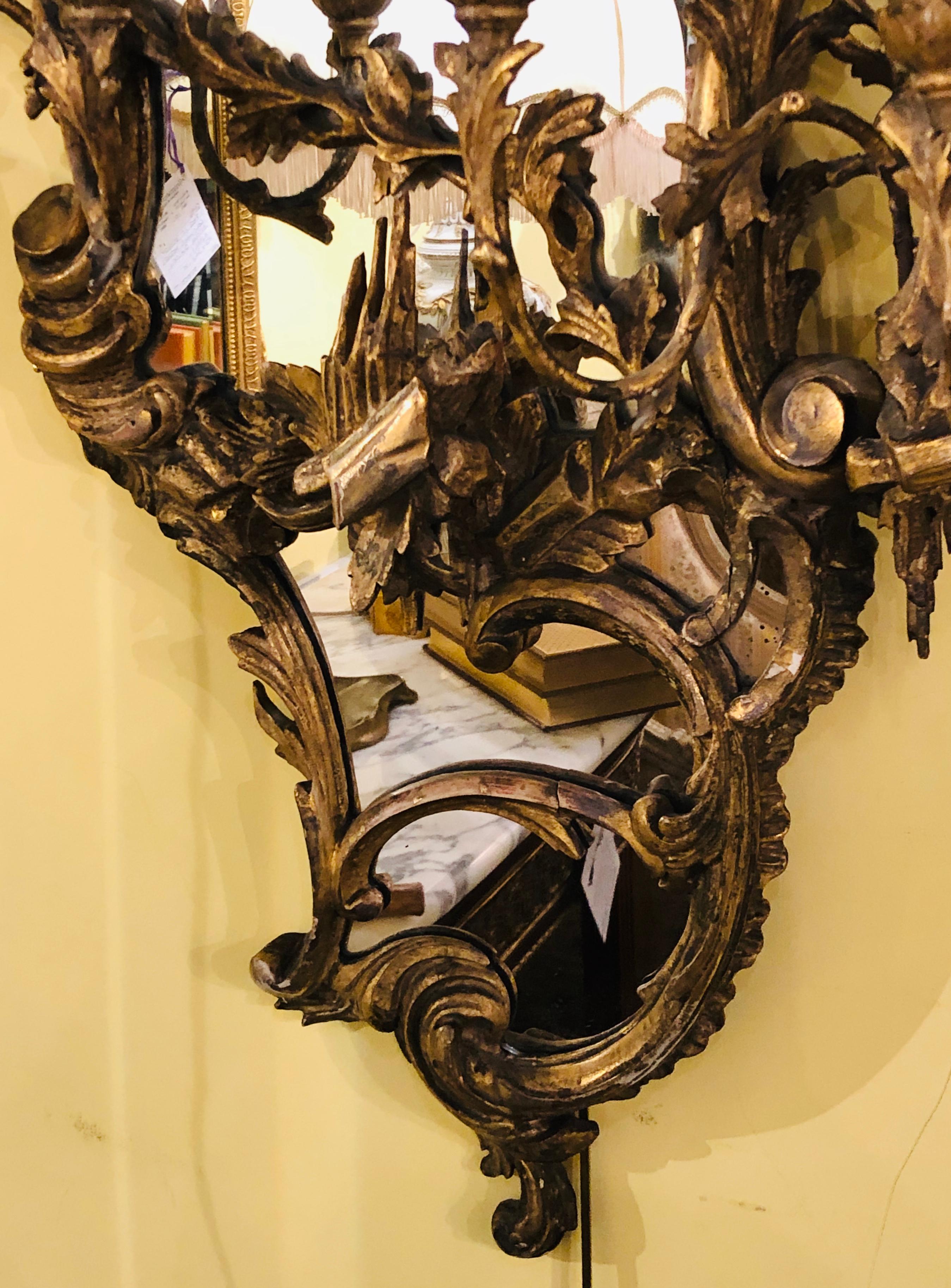 Giltwood Chinoiserie Style Wall Mirror with Girandole Continental 2