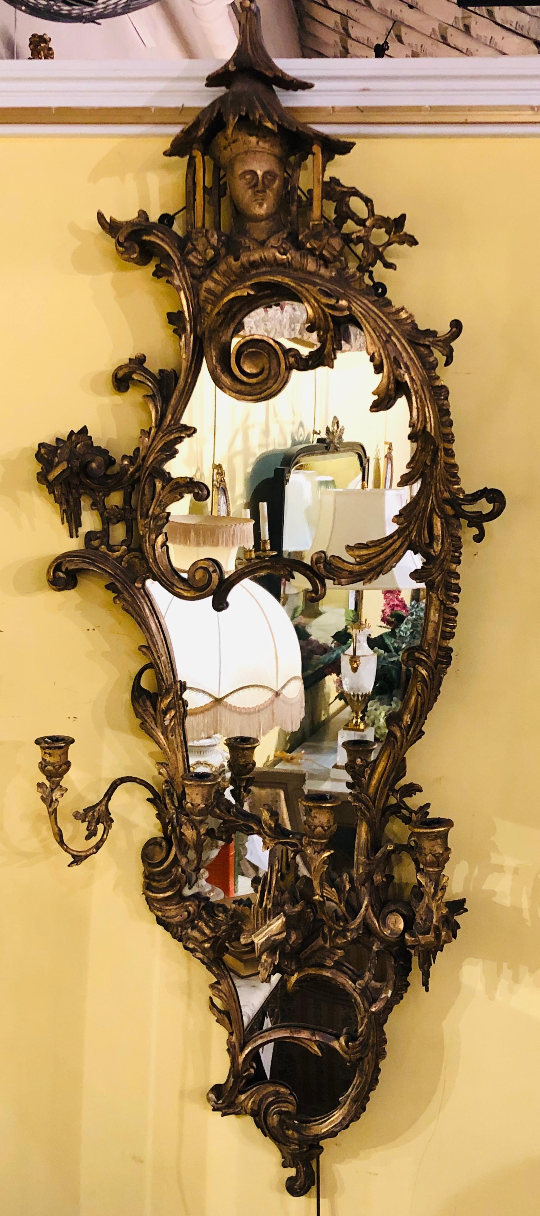 Giltwood Chinoiserie Style Wall Mirror with Girandole Continental 5