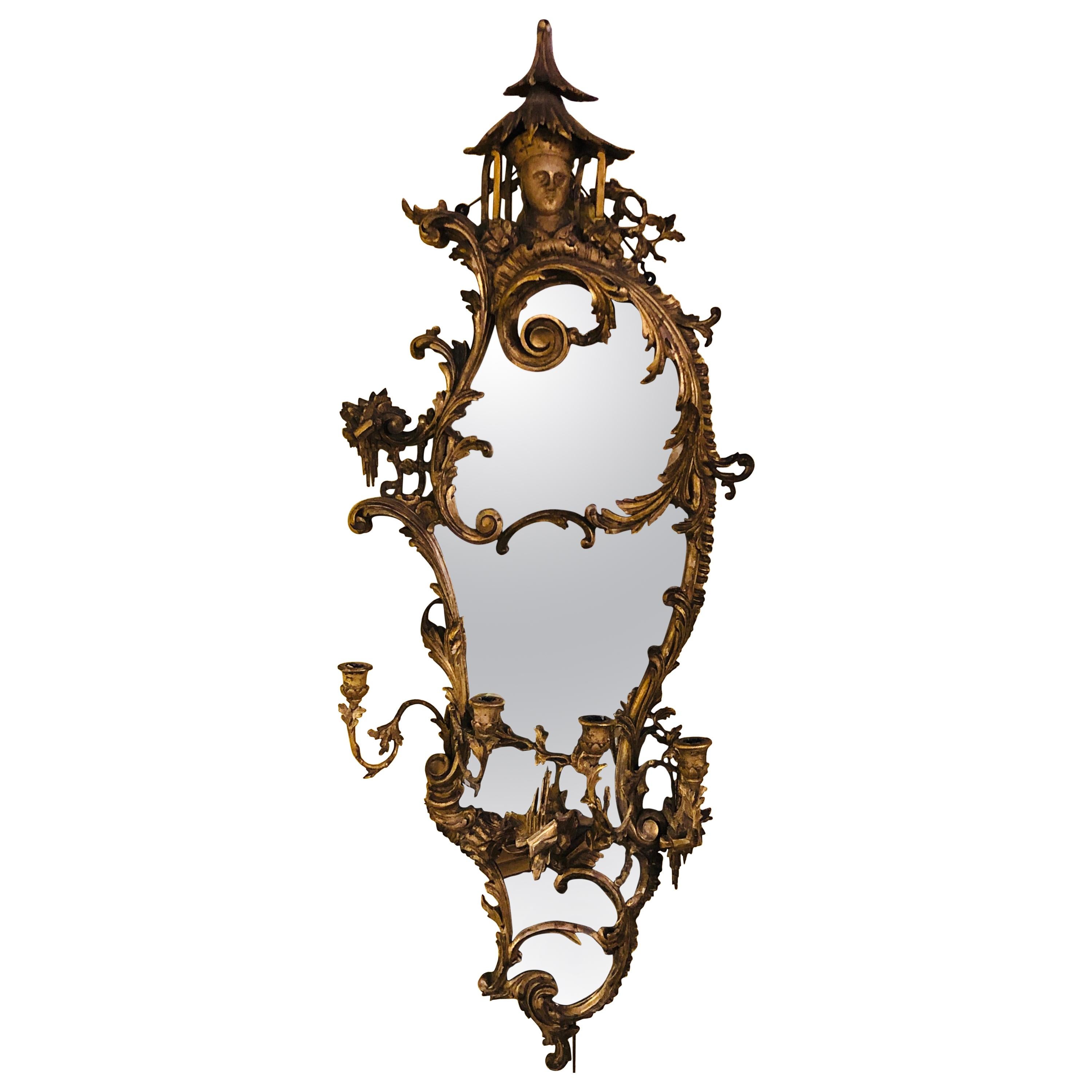 Giltwood Chinoiserie Style Wall Mirror with Girandole Continental