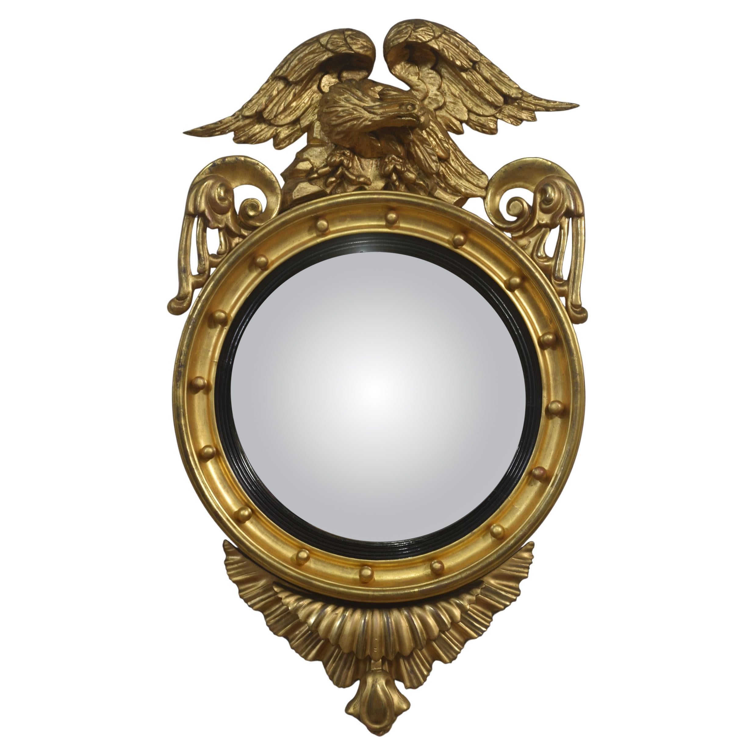 Giltwood Convex Wall Mirror with Eagle Crest For Sale